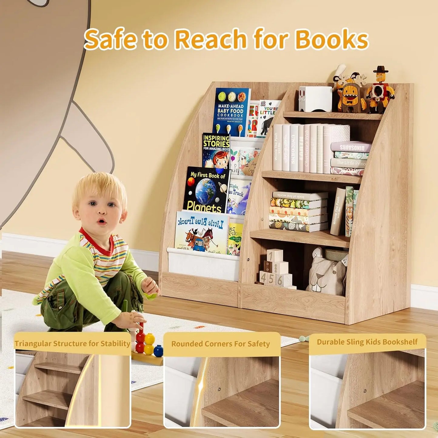 4-Tier Kids Bookcase With Sling Pockets For Nursery Storage