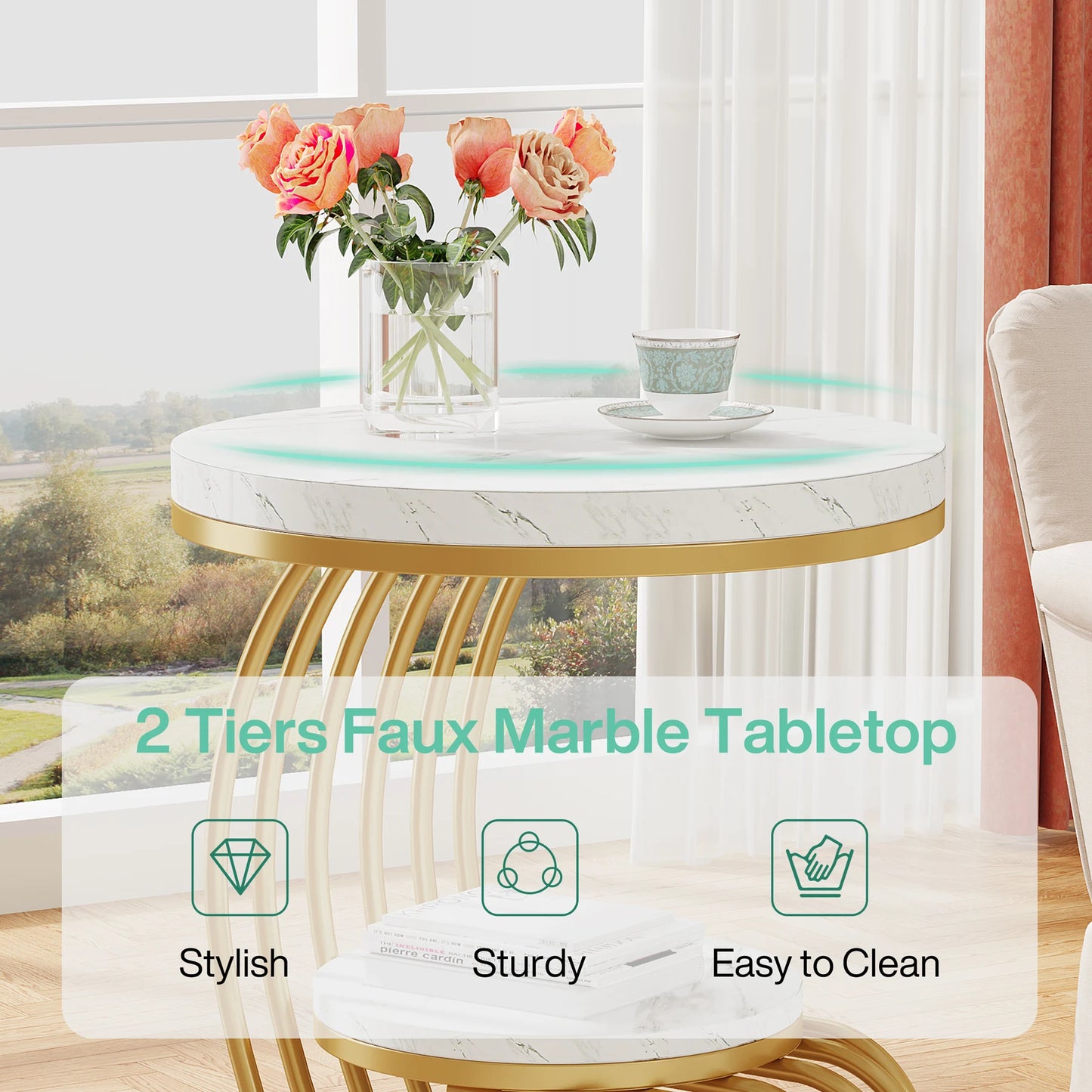 Tribesigns Round End Table 2 Tiers Faux Marble Storage