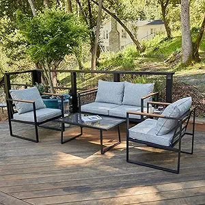 Patio Furniture Set With Sofa And Tempered Glass Table