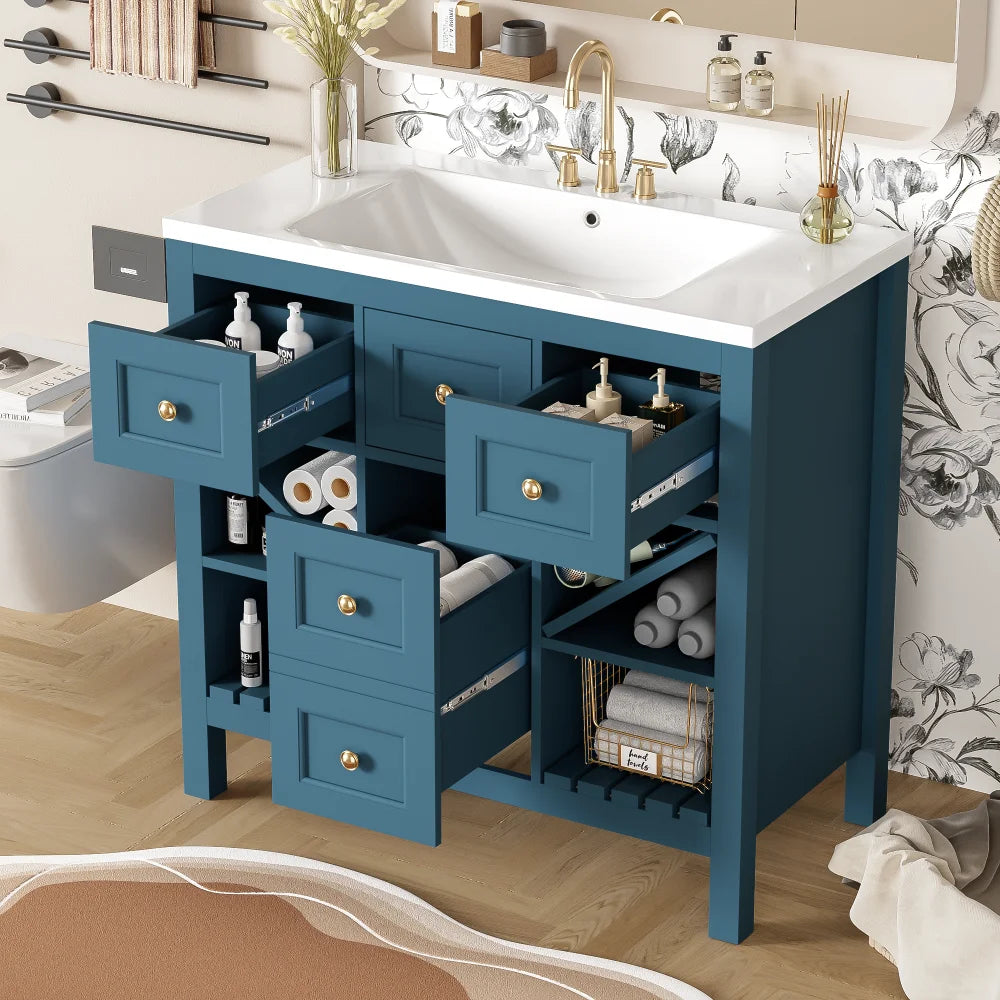 LWOH Vanity With Resin Sink 5 Drawer Solid Wood Cabinet