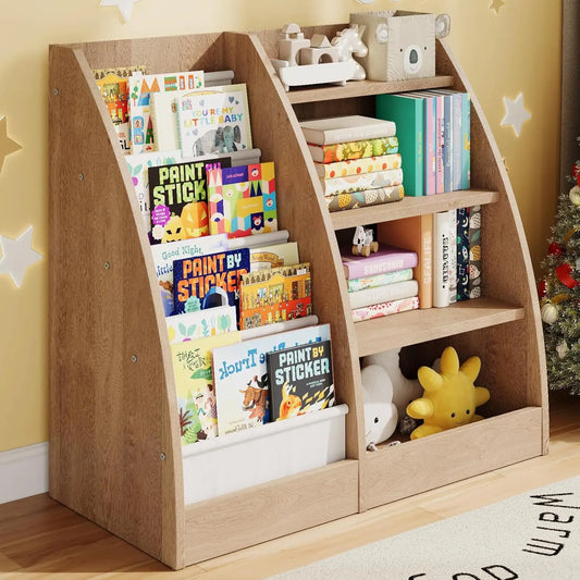 4-Tier Kids Bookcase With Sling Pockets For Nursery Storage