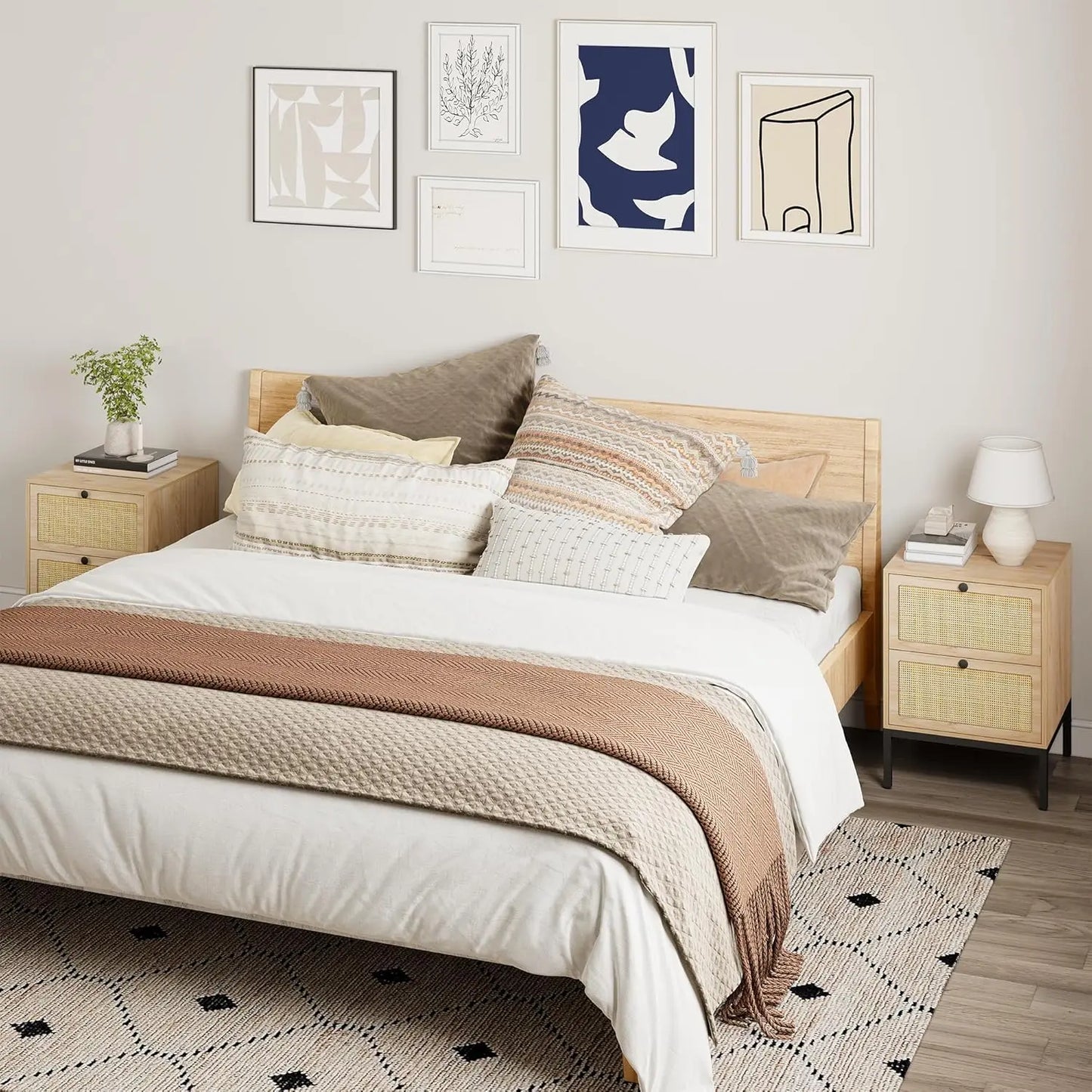 Natural Rattan Nightstand Set Of 2 With Drawers Boho