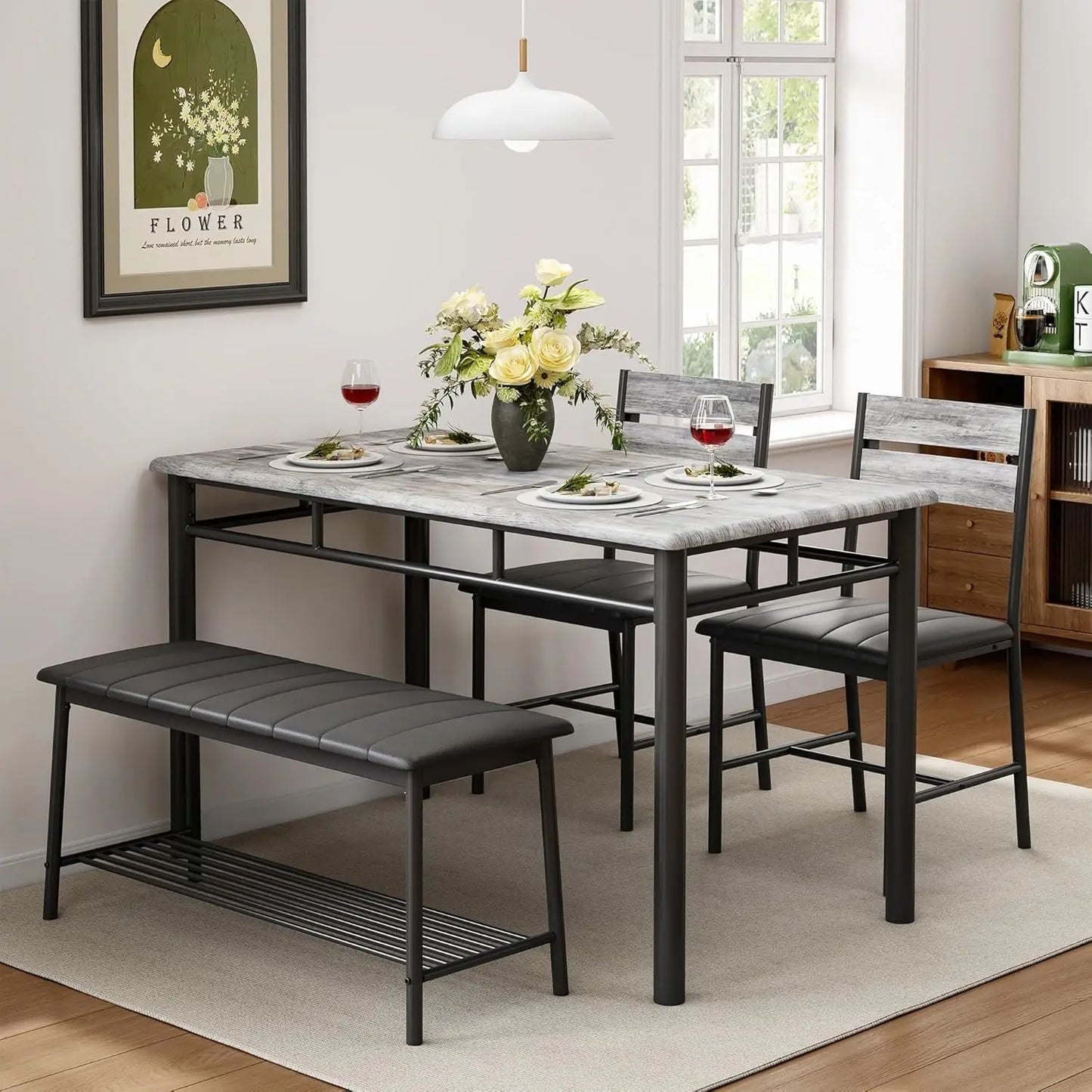 IRONCK Dining Table Set For 4 Small Space Bench And Chairs