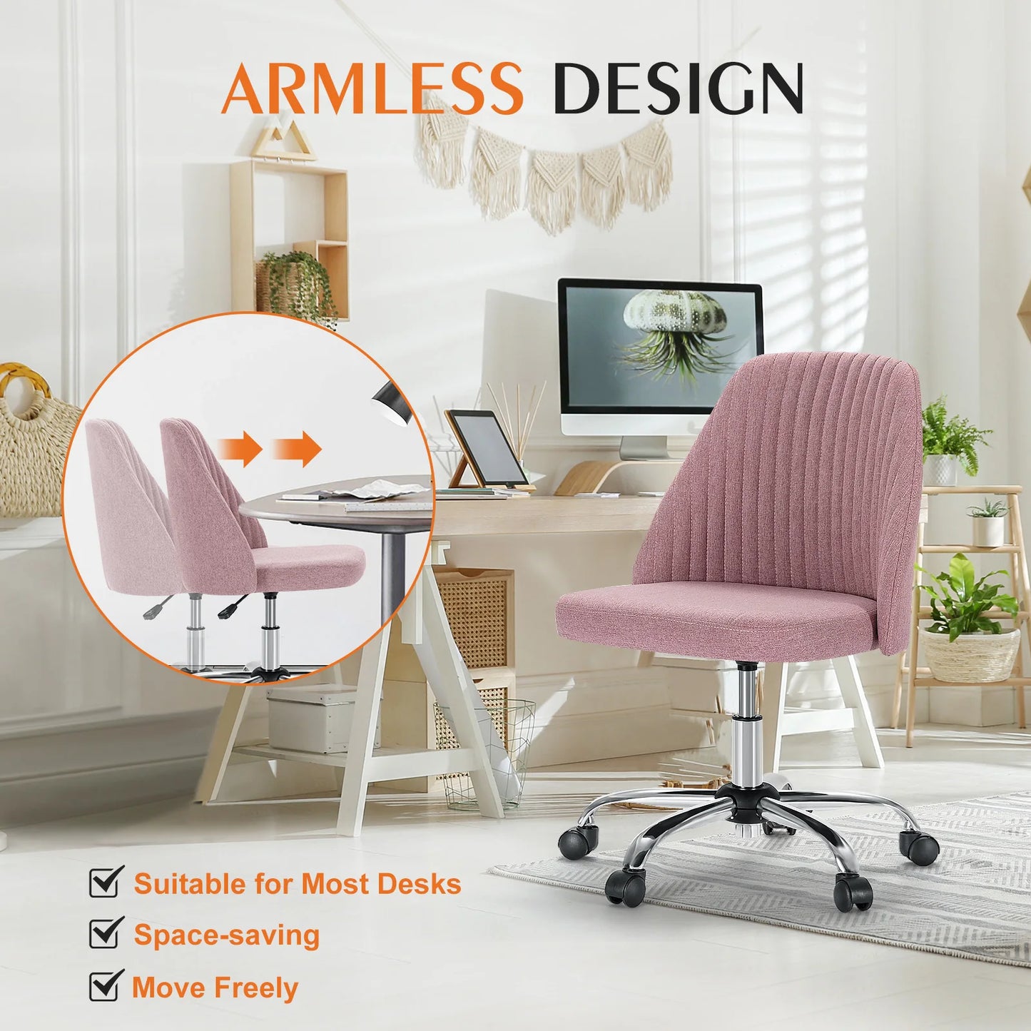 JHK Armless Desk Chair With Wheels Fabric Swivel Office