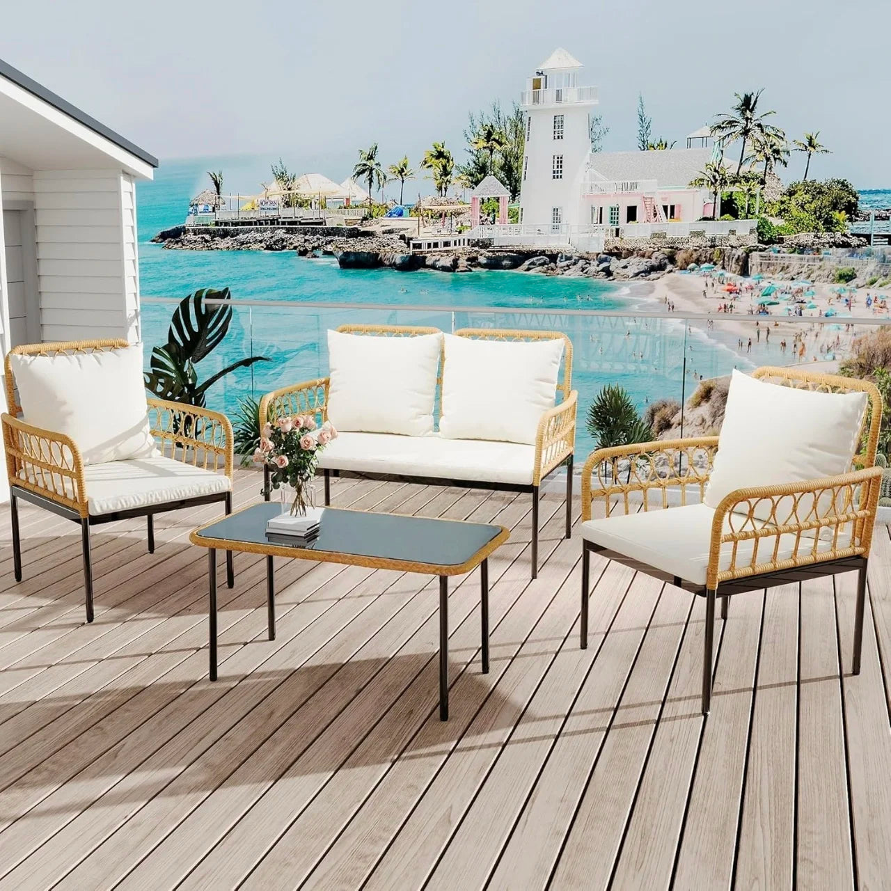 Studyset Outdoor Patio Furniture Set Wicker Rattan Chairs Glass Table