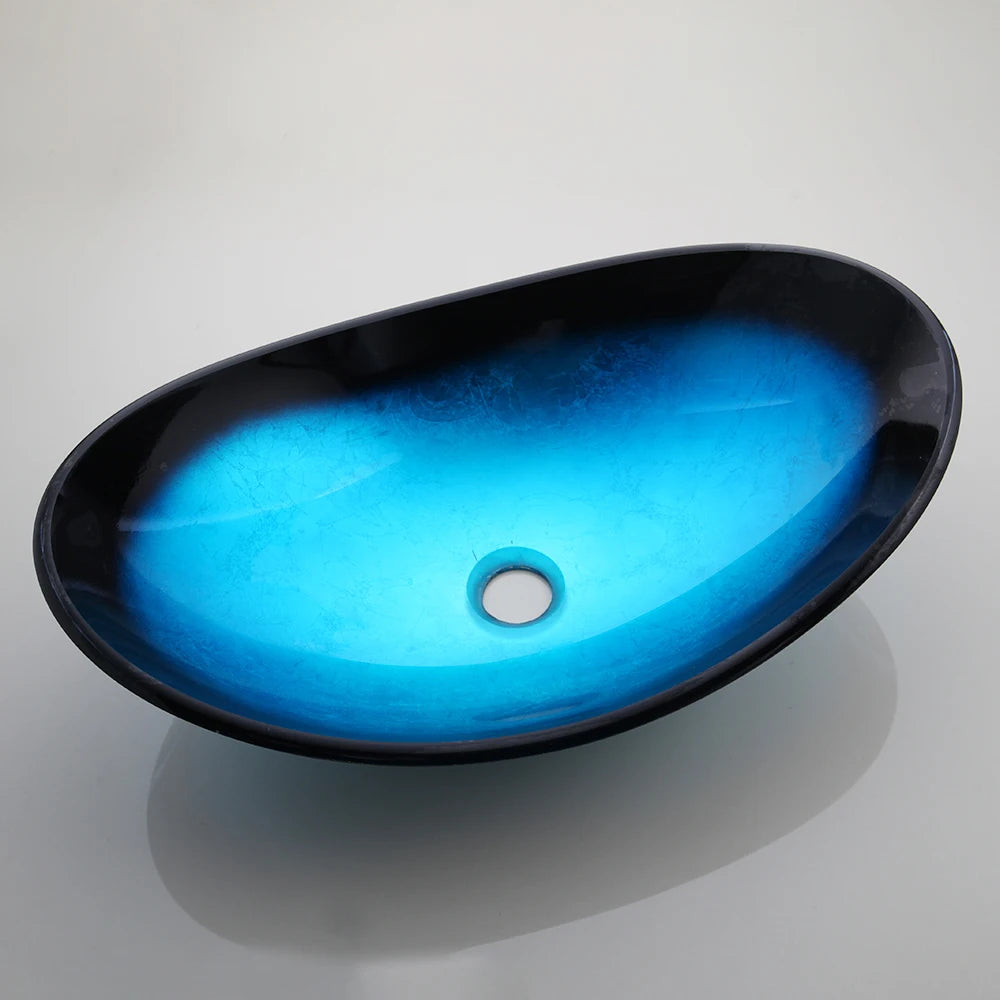 MEKKHALA Tempered Glass Vessel Sink With Black Waterfall Faucet