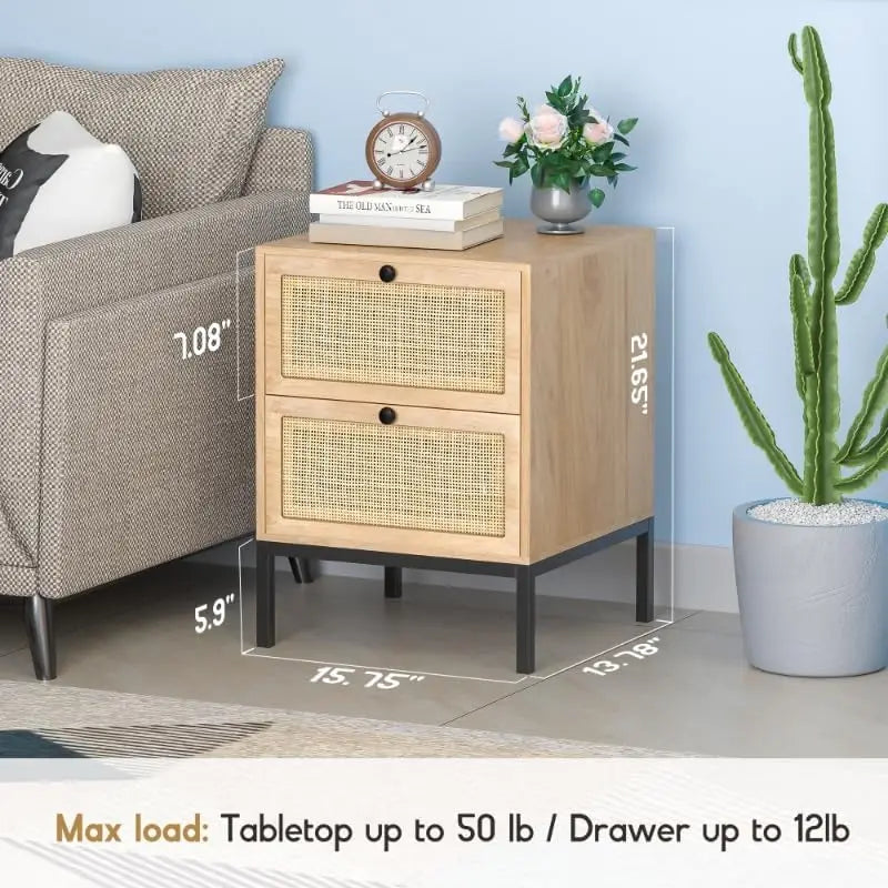 Natural Rattan Nightstand Set Of 2 With Drawers Boho