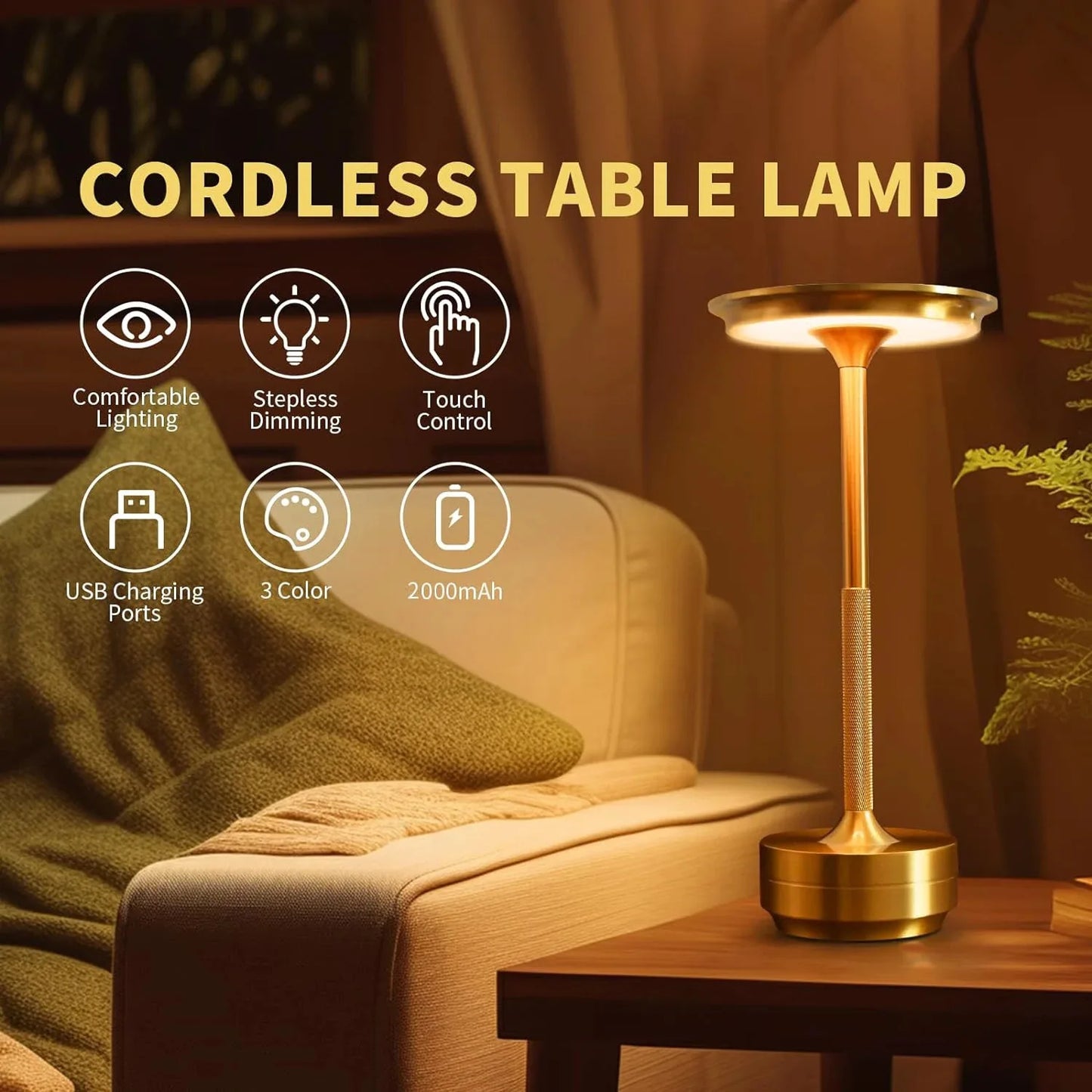 HPH 2 Pack Rechargeable Wireless Table Lamps USB C Bedroom