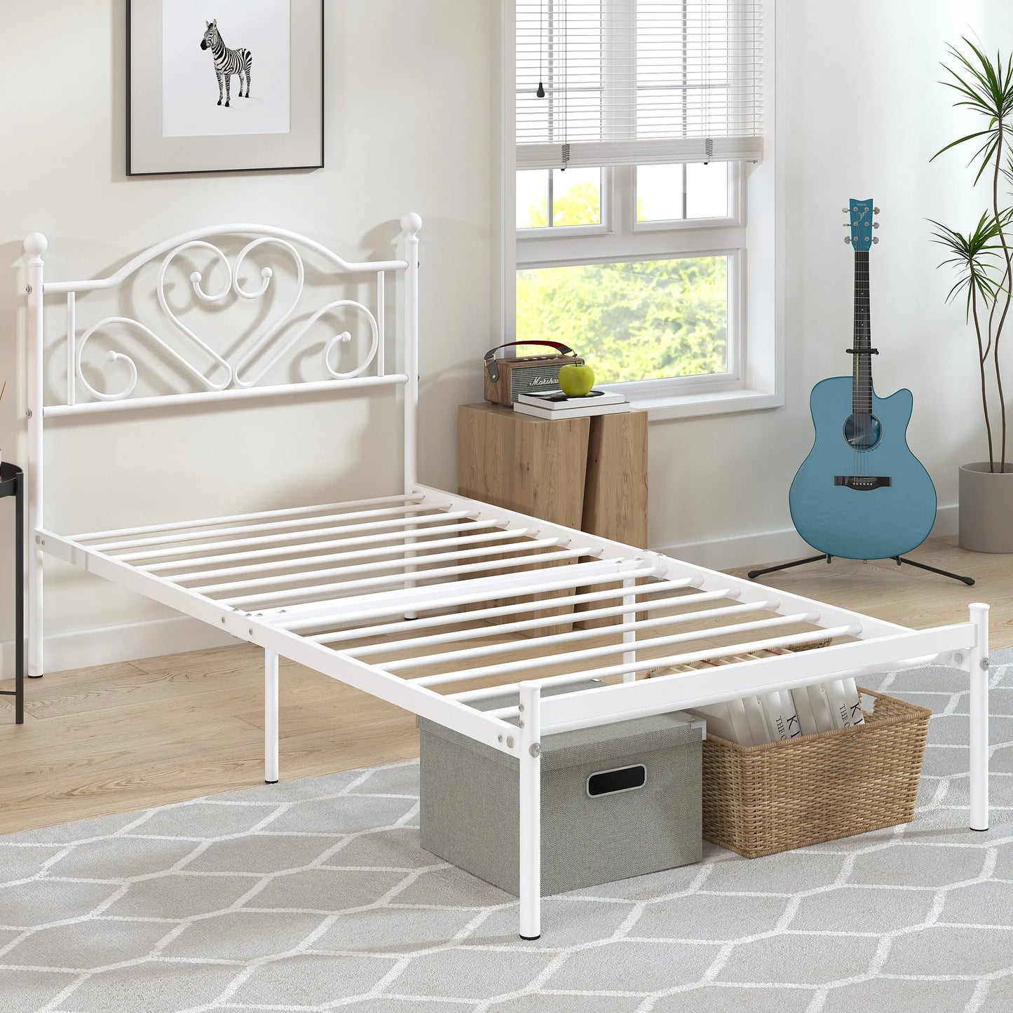 MERRONIX Twin Bed Frame With Heart Headboard Sturdy Metal