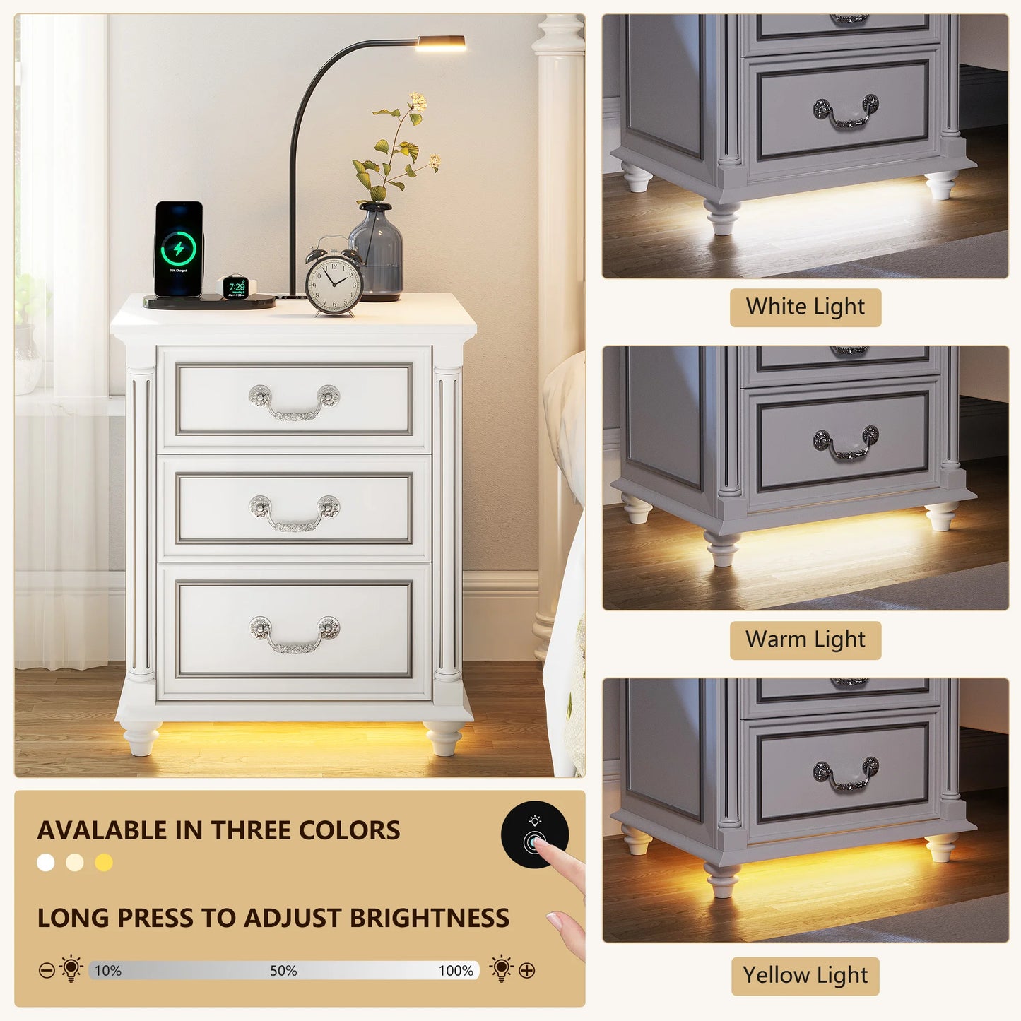 JDPAG Farmhouse Nightstand With Gun Drawer And 3 Drawers