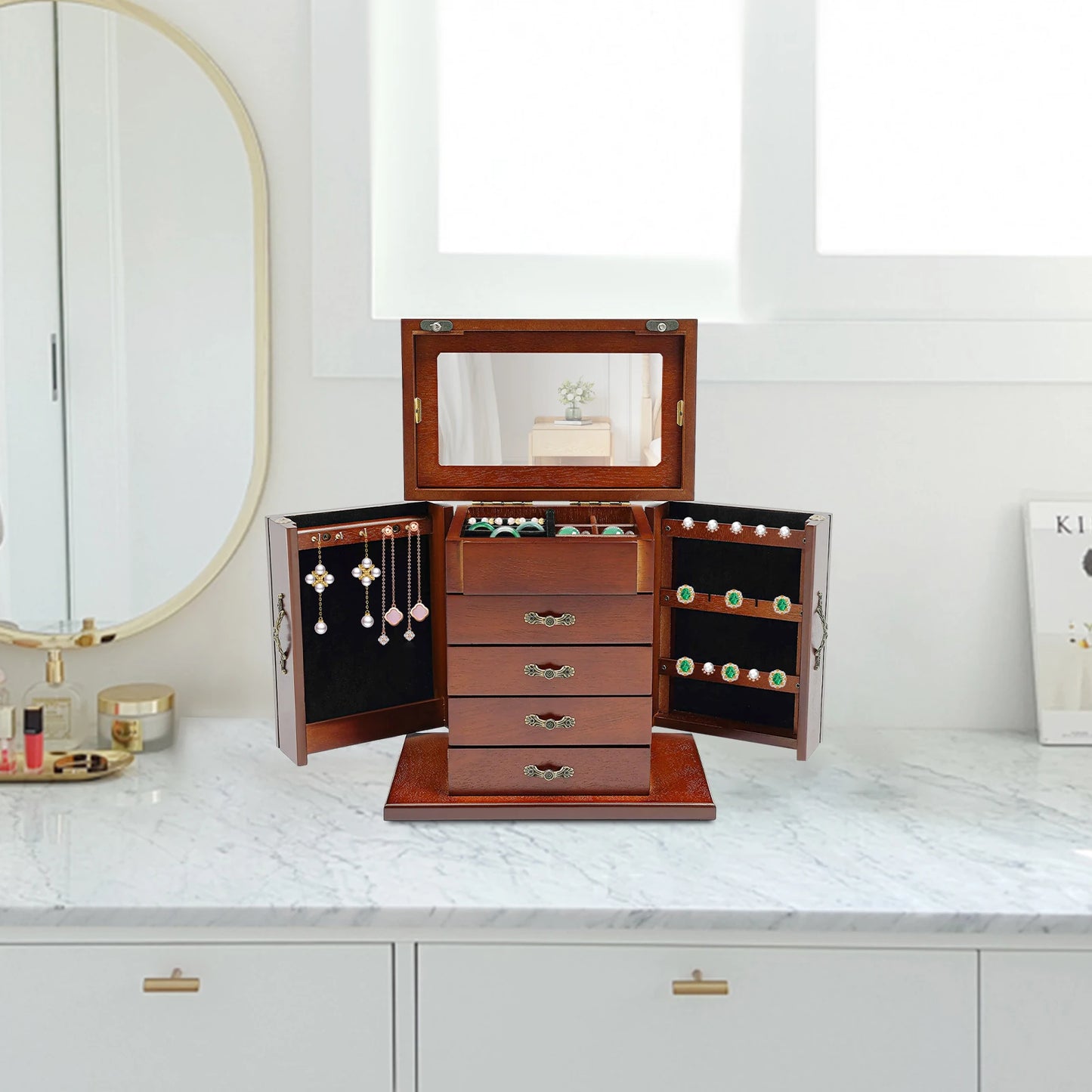 NONECN Five Tier Wooden Jewelry Box With Mirror And Soft Interior