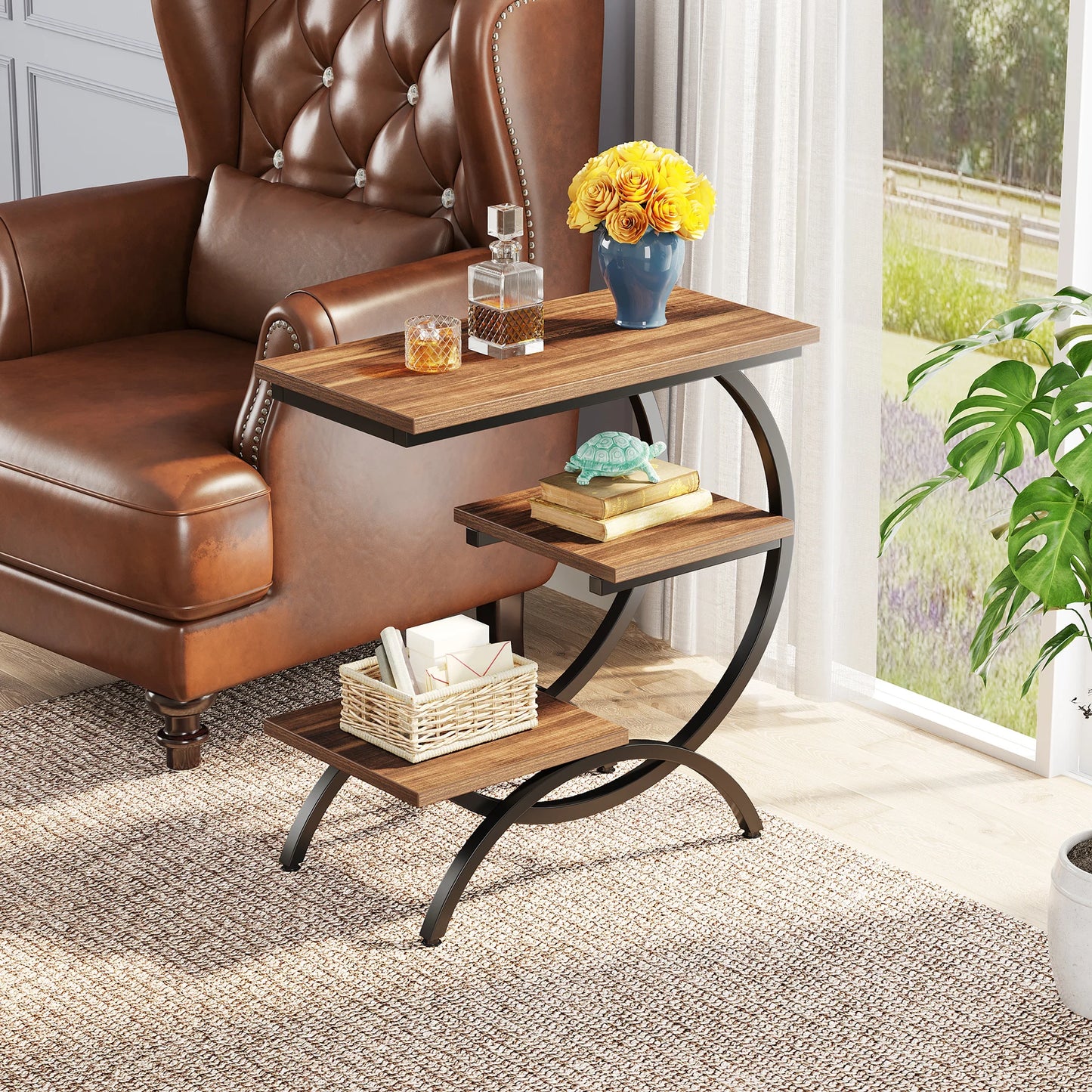 Tribesigns C Shaped End Table Industrial 3 Tier Storage Shelf