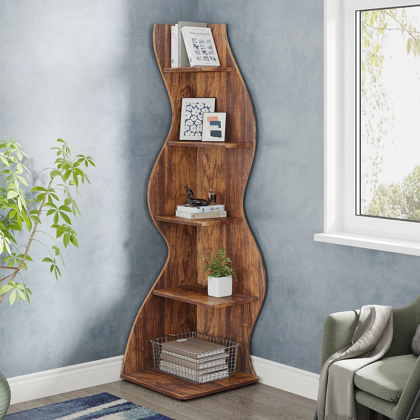 Tribesigns RusticTextured 5Tier Corner Shelf Wall WallMounted Bookcase Plant Stand