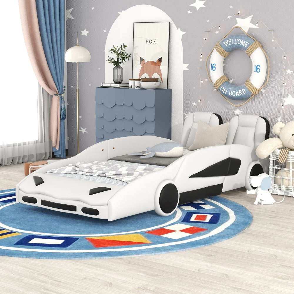JUANLI Race Car Shaped Platform Bed With Wheels For Kids Boys Bedroom Furniture Essentials