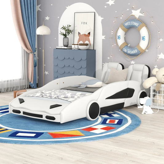 JUANLI Race Car Shaped Platform Bed With Wheels For Kids Boys Bedroom Furniture Essentials