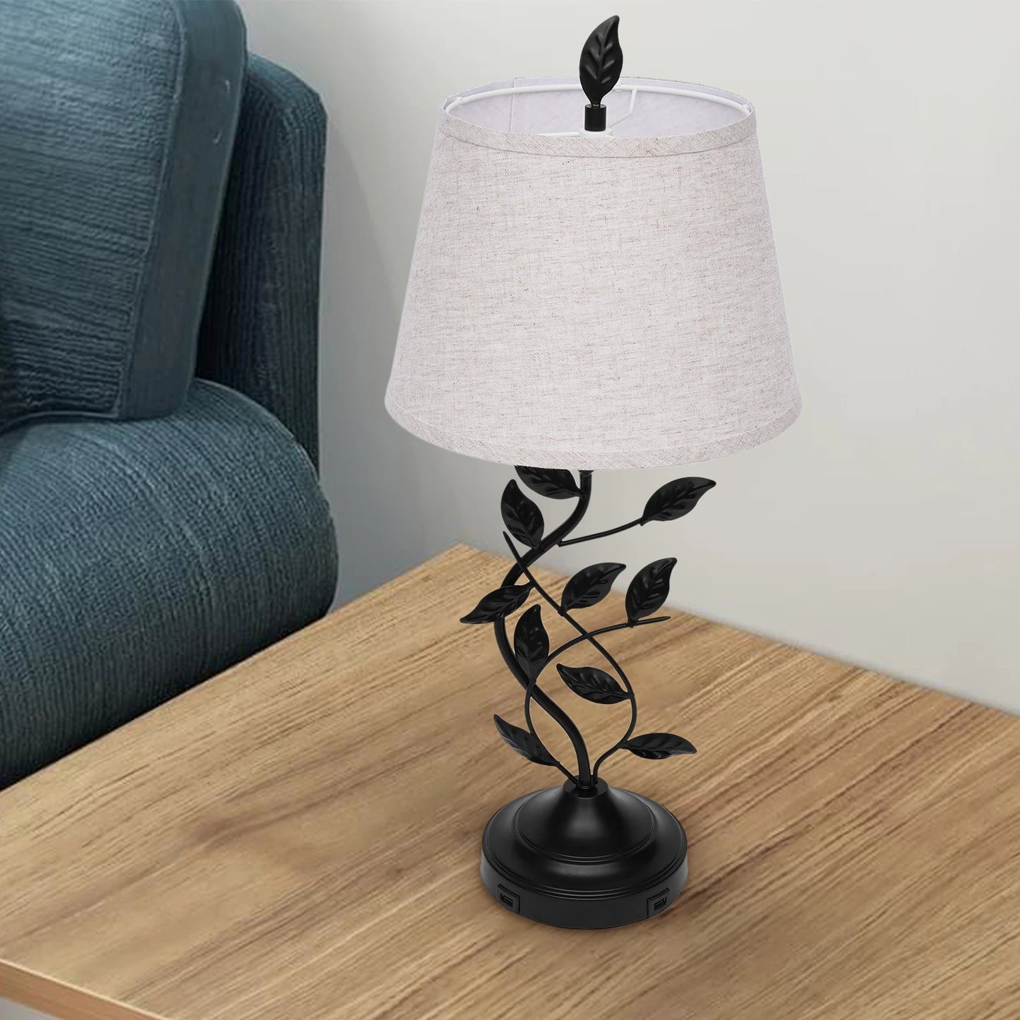 Table Lamp Iron And Linen With Dual USB Ports Soft Light For Nursery