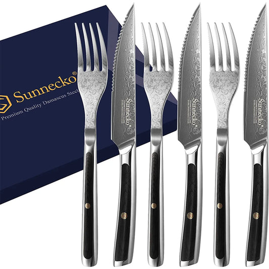 Sunnecko SeventyThreeLayer VG10 Damascus Steel Forks And SteakKnives Set PremiumProfessionalGrade