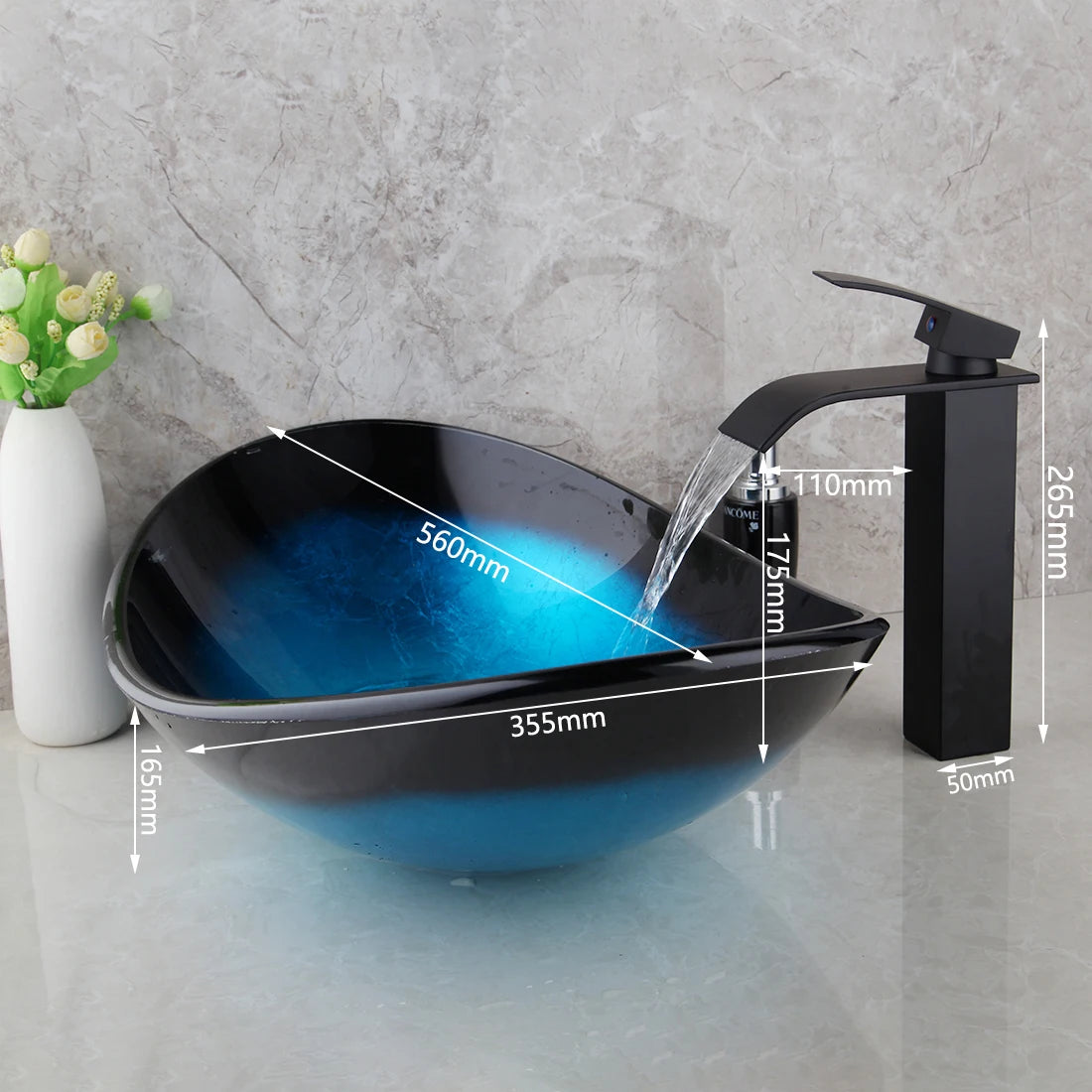 MEKKHALA Tempered Glass Vessel Sink With Black Waterfall Faucet