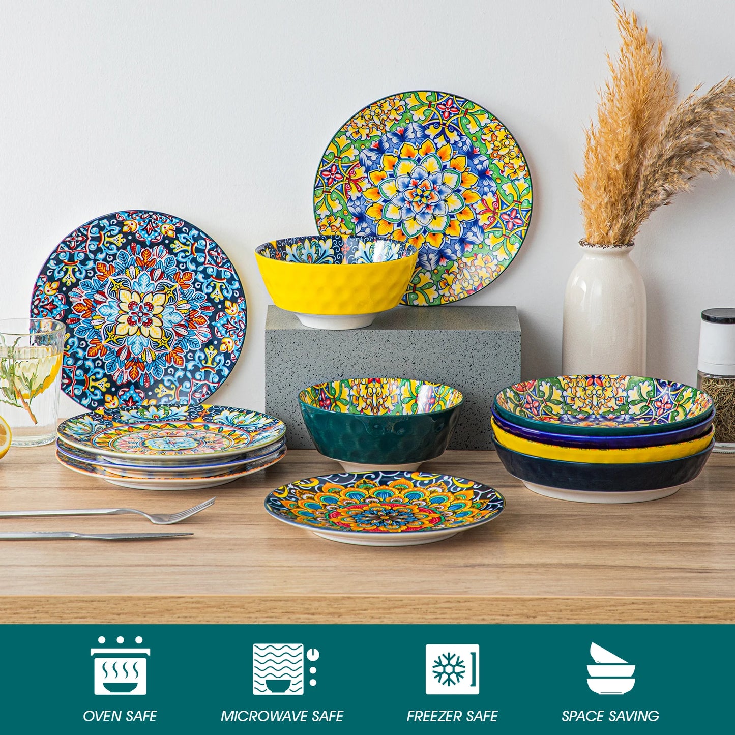 MALACASA Stoneware Ceramic Dinnerware Set Bohemian Style Includes Plates BowlsSet