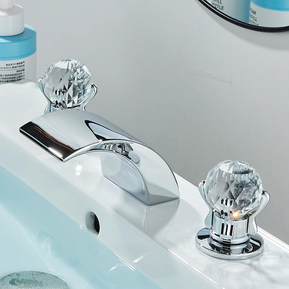 Quyanre LED Widespread Bathroom Faucet Waterfall Two Crystal Knobs