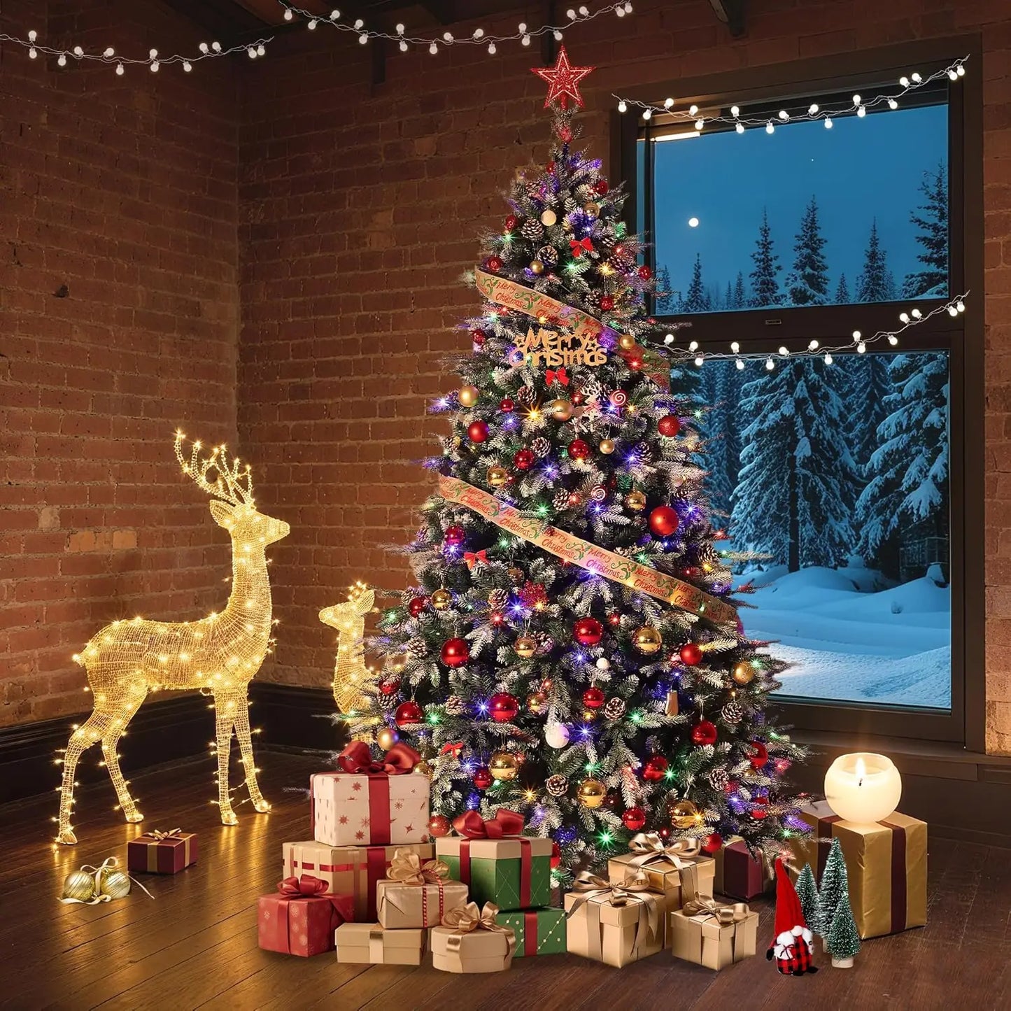 Prelit Snow Flocked Christmas Tree with Pine Cones LEDs