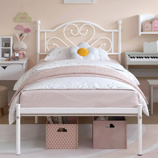 MERRONIX Twin Bed Frame With Heart Headboard Sturdy Metal