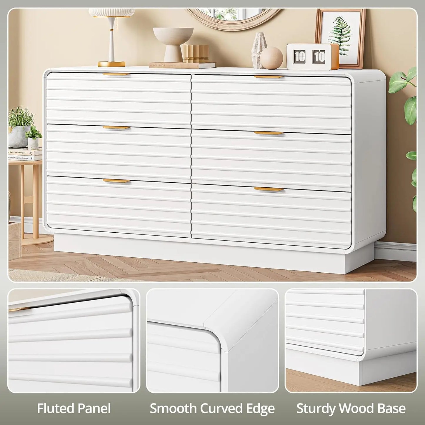 IRONCK Fluted 6 Drawer Dresser Modern Wooden White Bedroom