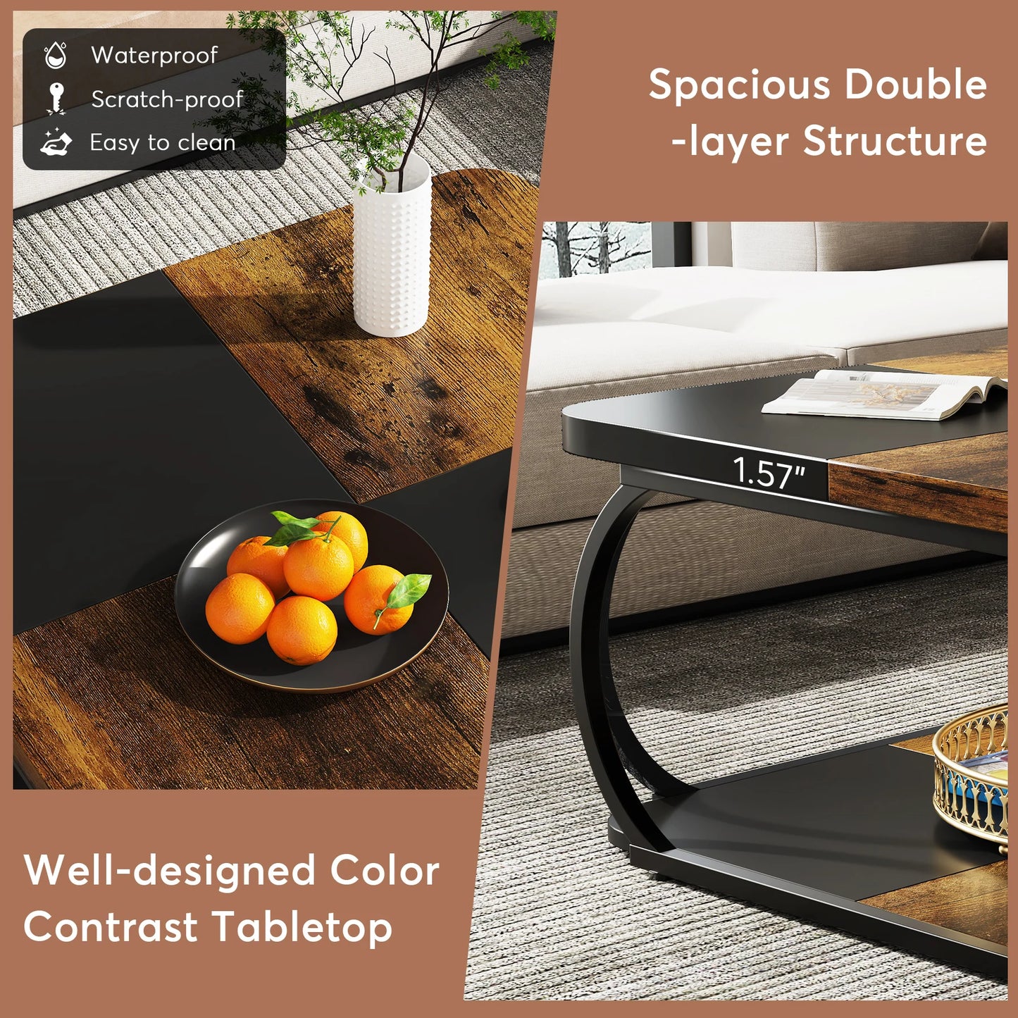 Tribesigns Square Coffee Table Two Tier Wood Storage Shelf Farmhouse