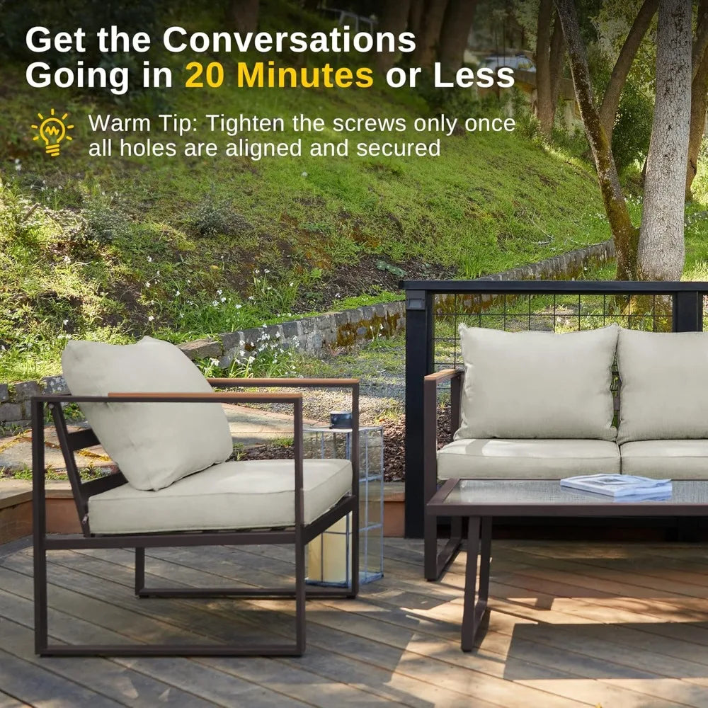 Patio Furniture Set With Sofa And Tempered Glass Table