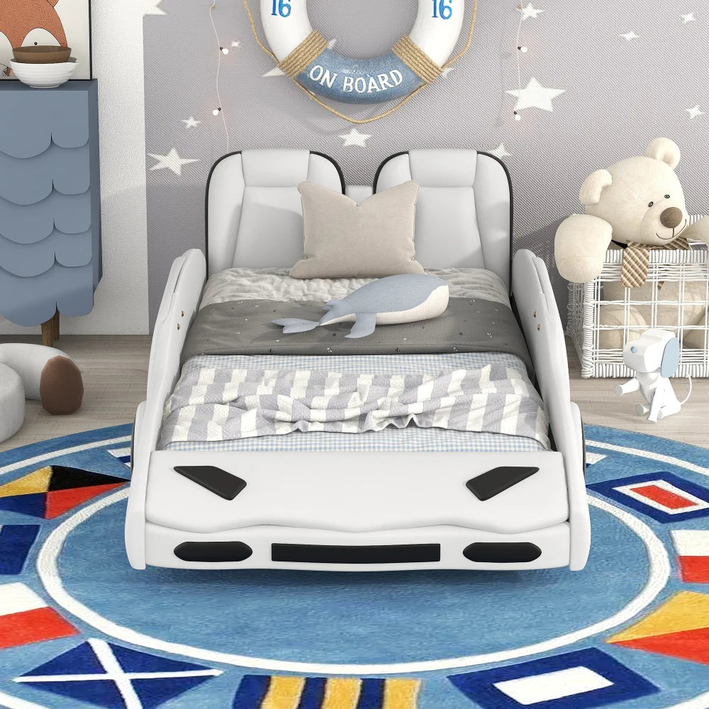 JUANLI Race Car Shaped Platform Bed With Wheels For Kids Boys Bedroom Furniture Essentials