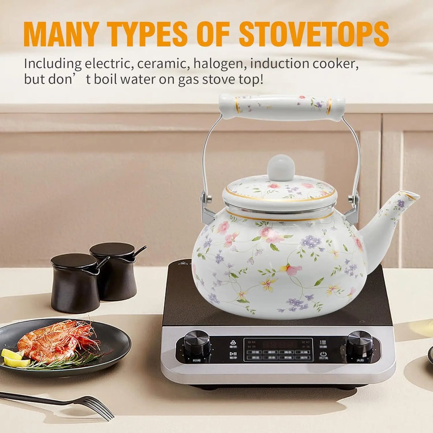 Enamel Teakettle Floral Teapot for Stovetop, 2.5L Large Green Floral Tea Kettle with Ceramic Handel Turkish Style(Green Rose)