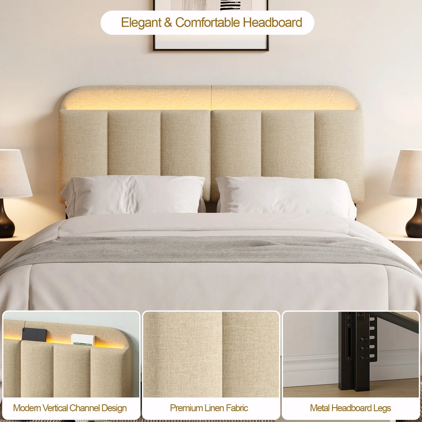 ONBRILL Adjustable Linen Headboard With LED Lighting