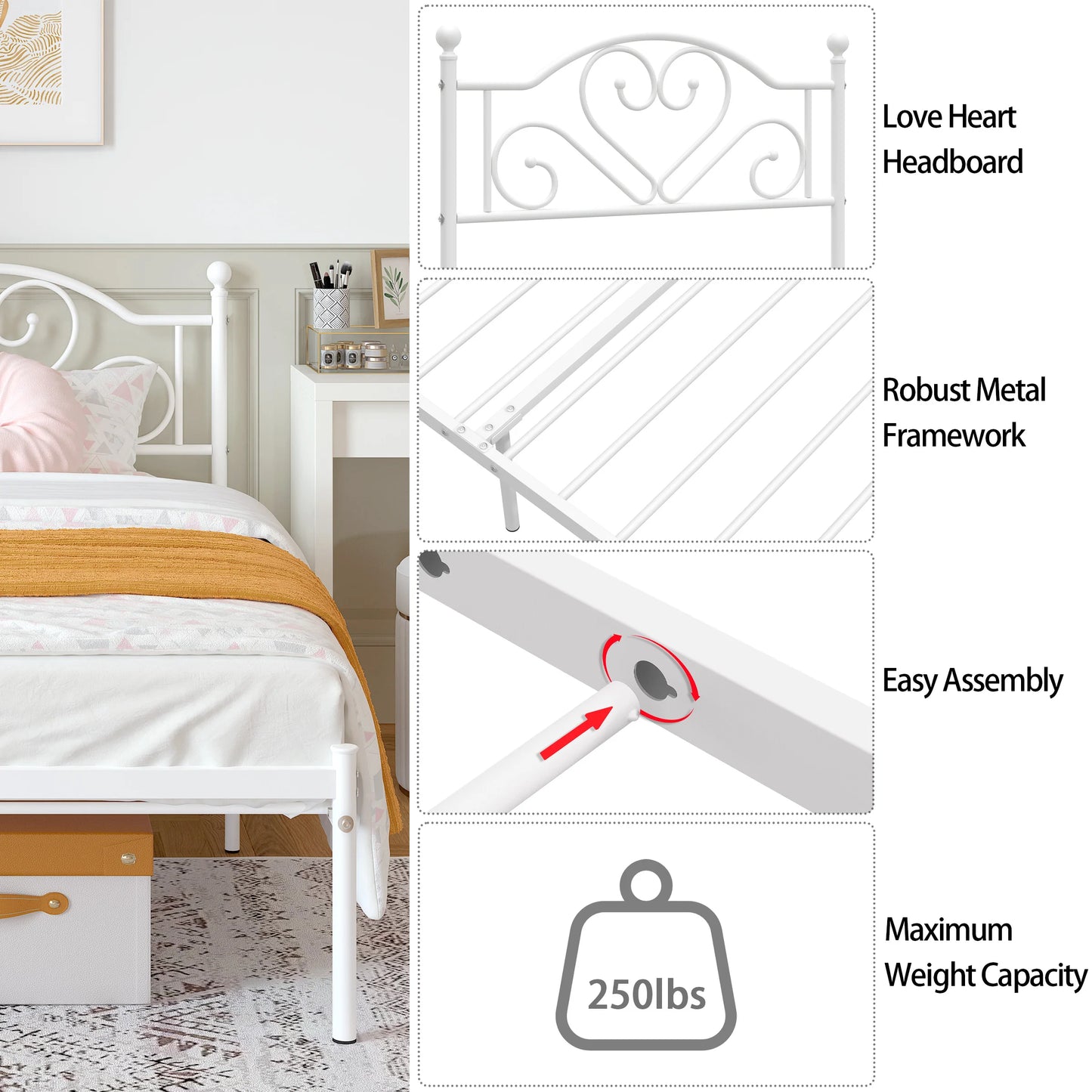 MERRONIX Twin Bed Frame With Heart Headboard Sturdy Metal