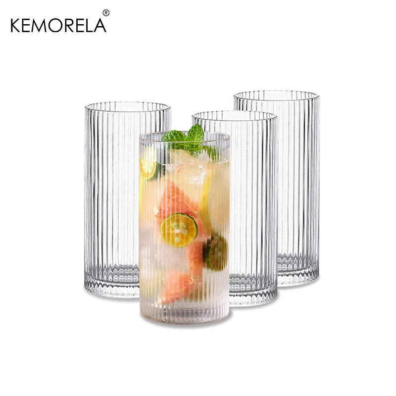 4PCS Ribbed Glass Cups Vintage Glassware Transparent Cocktail Glasses Set Bar Beverages Iced Coffee Cup Juice Ripple Drinkware