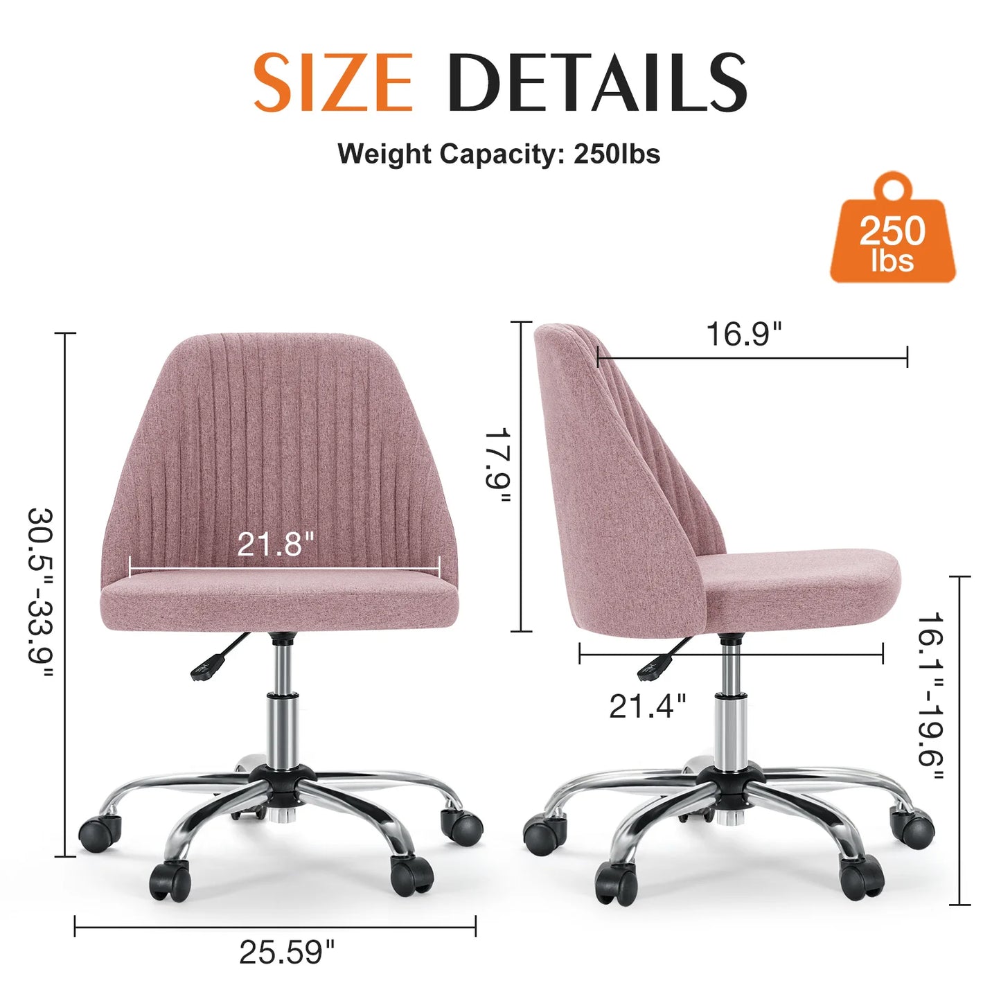 JHK Armless Desk Chair With Wheels Fabric Swivel Office