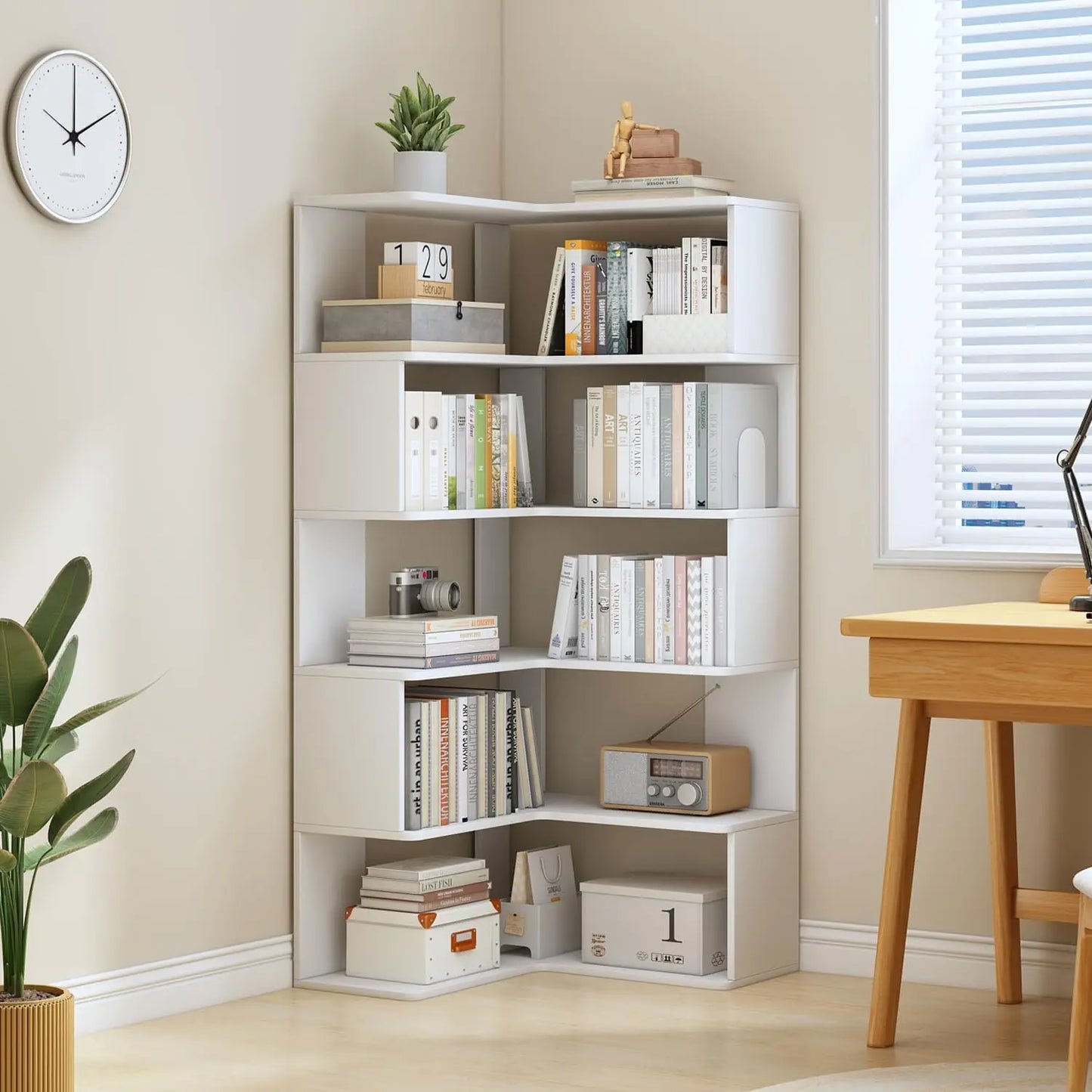 L Shaped Corner Bookshelf 6 Tier Wooden Freestanding Bookcase
