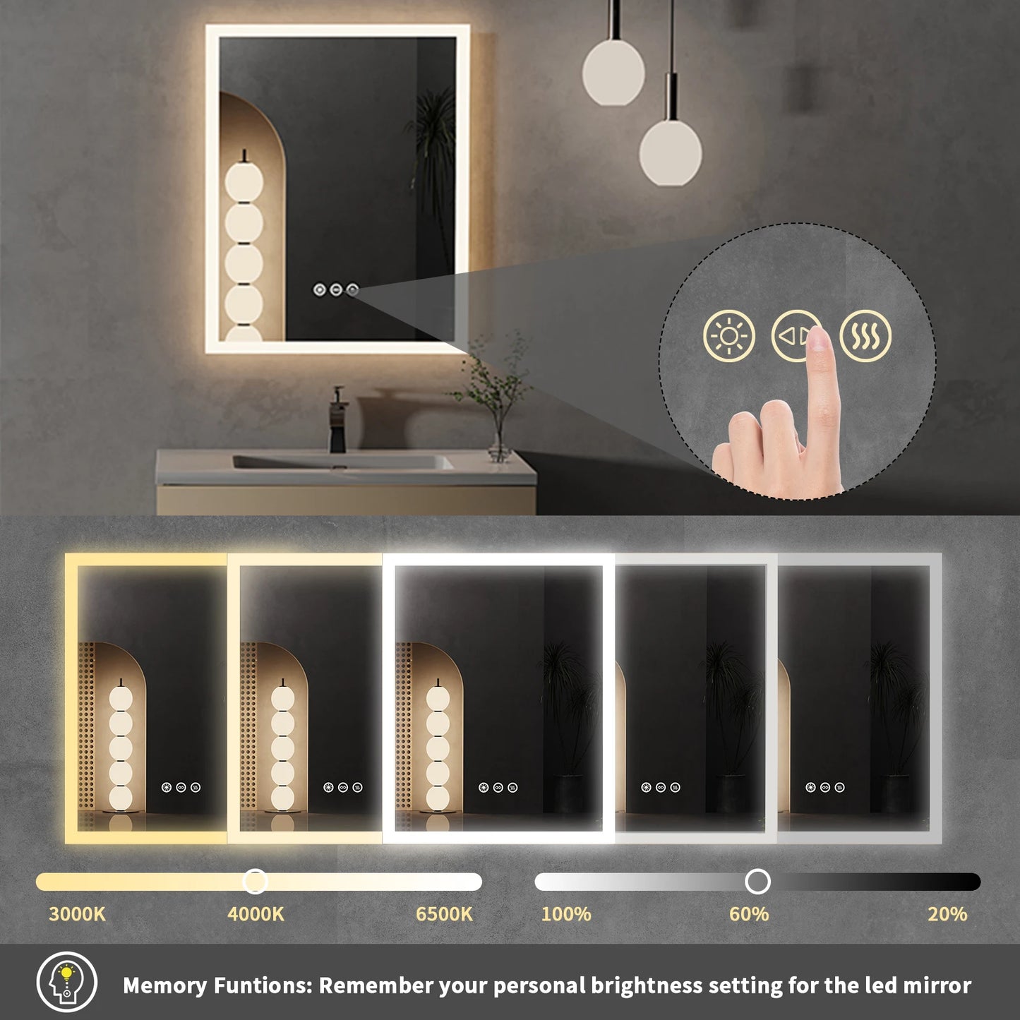 Led Lighted Bathroom Mirror With Anti Fog Memory Function