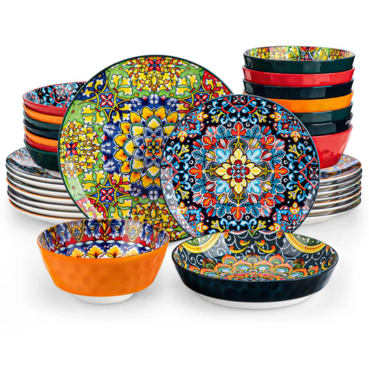 MALACASA Stoneware Ceramic Dinnerware Set Bohemian Style Includes Plates BowlsSet