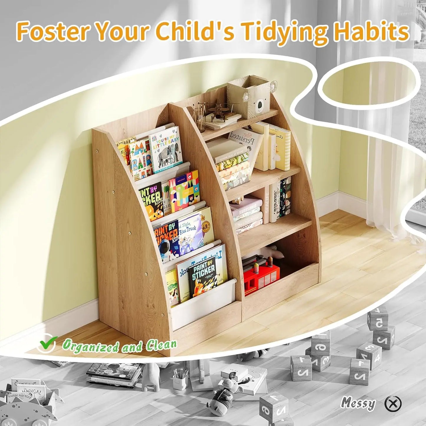 4-Tier Kids Bookcase With Sling Pockets For Nursery Storage