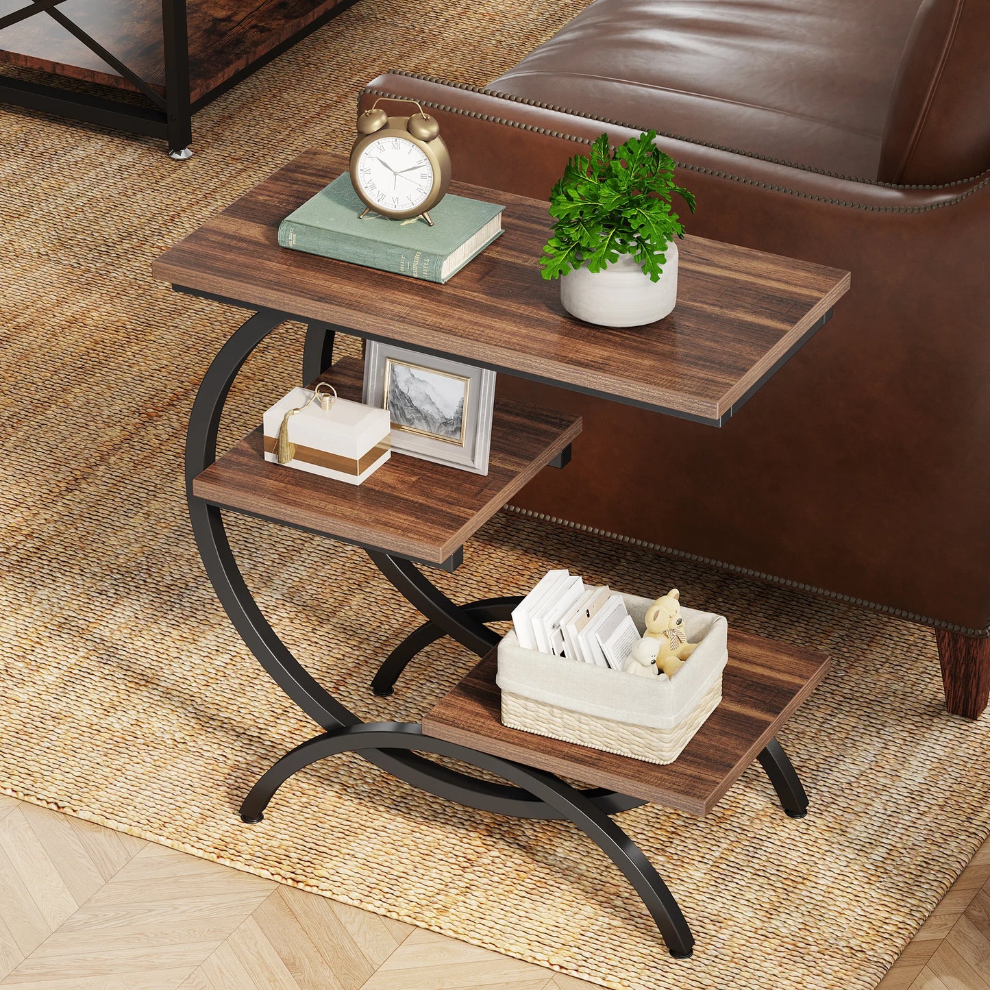 Tribesigns C Shaped End Table Industrial 3 Tier Storage Shelf