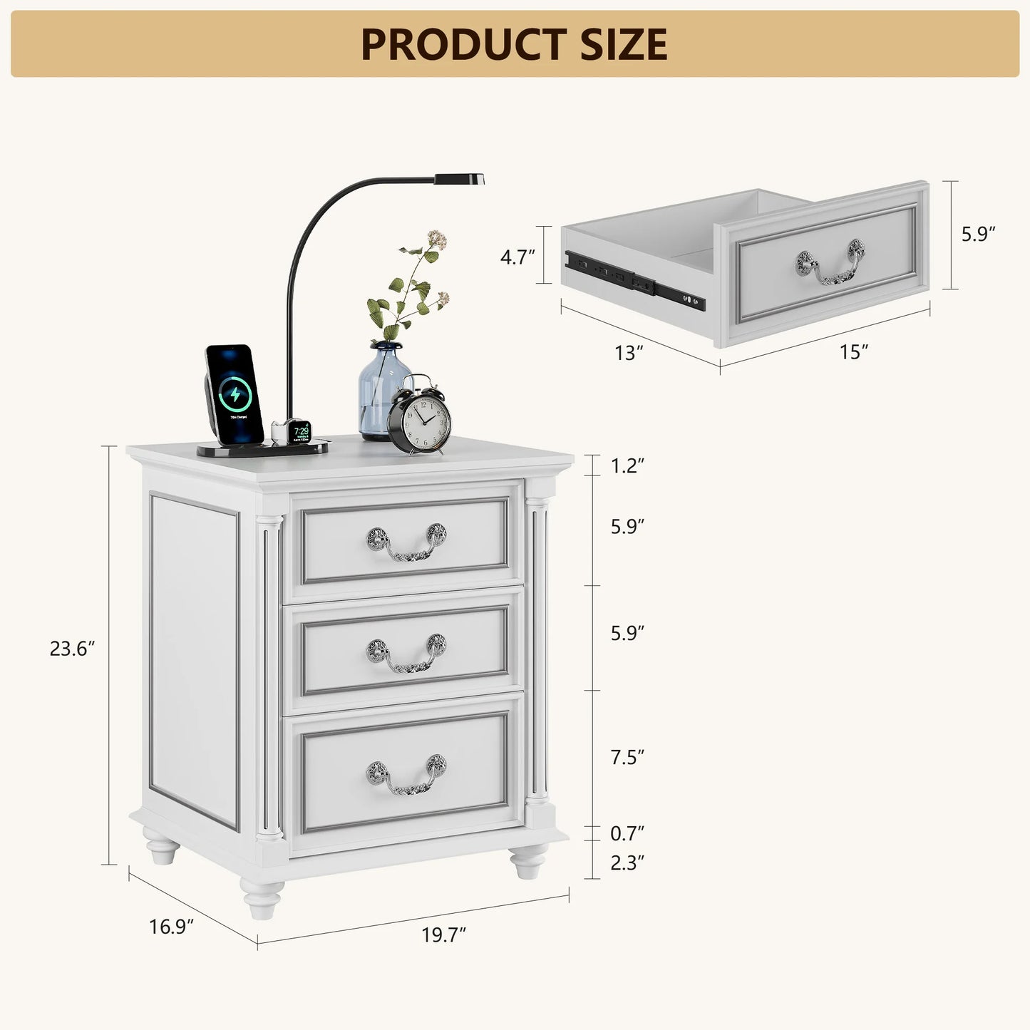 JDPAG Farmhouse Nightstand With Gun Drawer And 3 Drawers