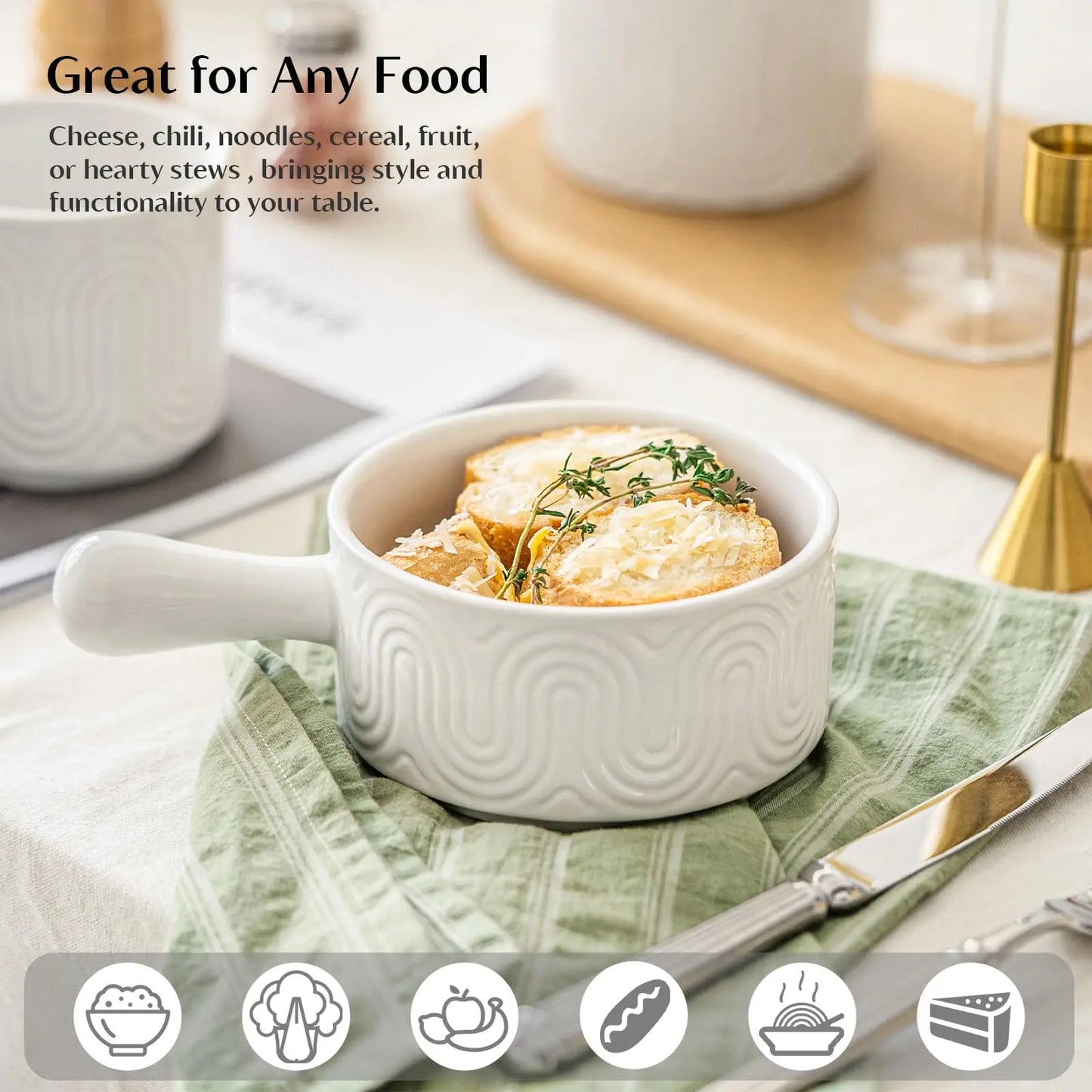 18oz French Onion Soup Bowls with Handles Set of 4 Ceramic Soup Crocks Ceramic Soup Bowl for Beef Stew Cereal Pot Pies Microwave