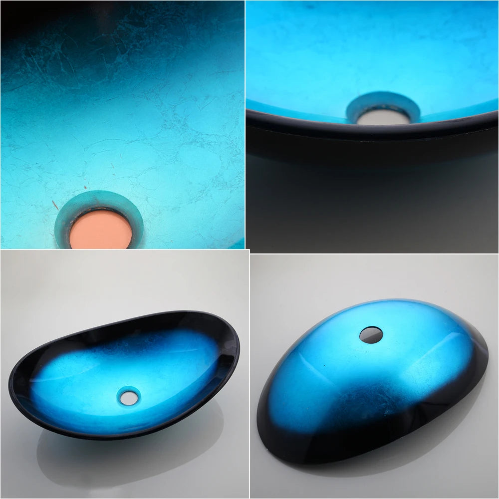 MEKKHALA Tempered Glass Vessel Sink With Black Waterfall Faucet