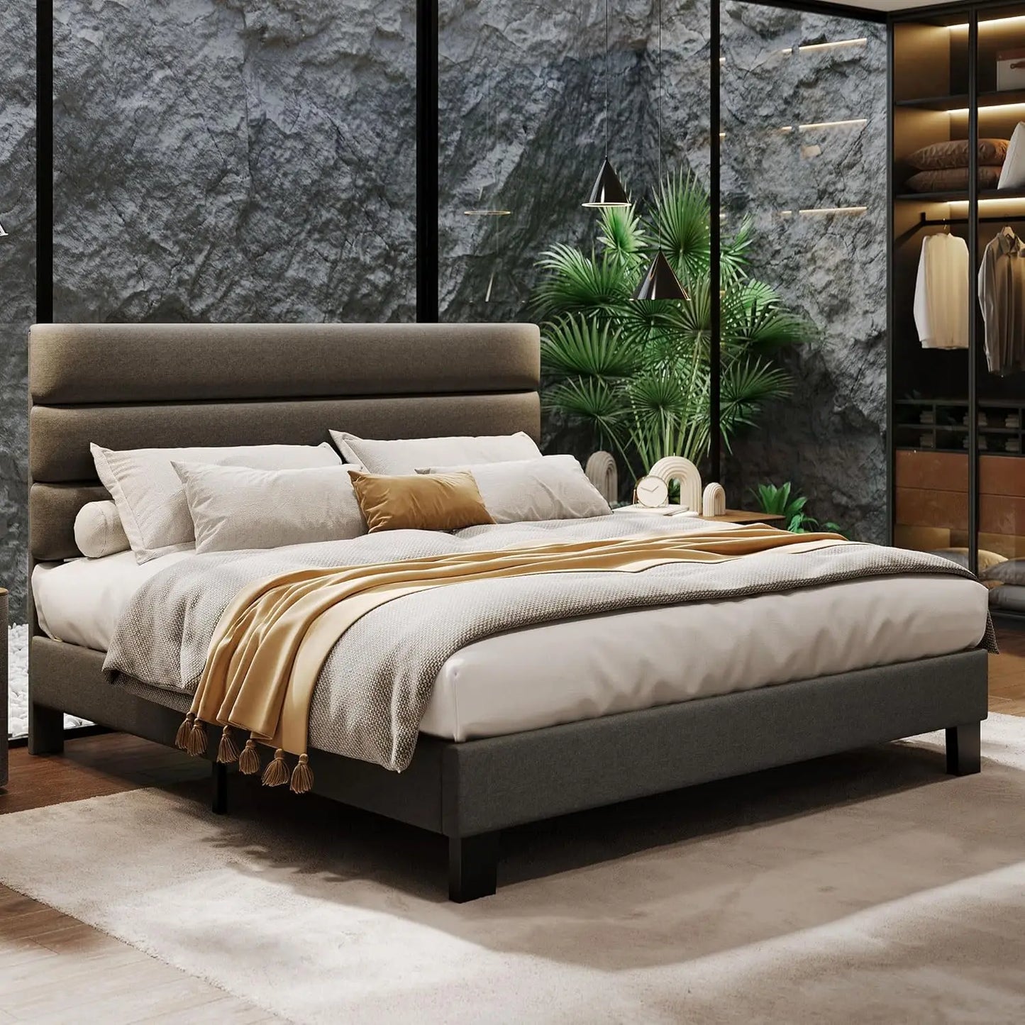 Fabric Upholstered Platform Bed Frame With Adjustable Headboard
