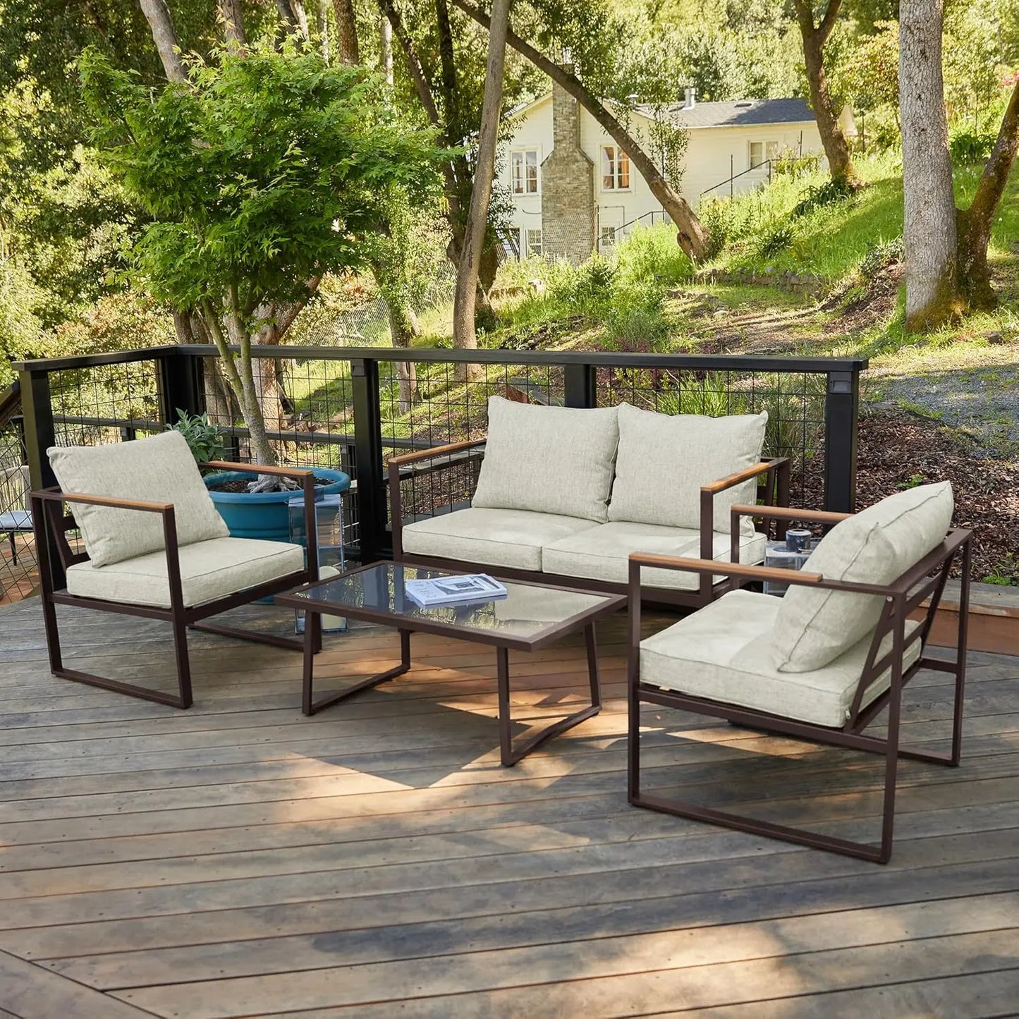 Patio Furniture Set With Sofa And Tempered Glass Table