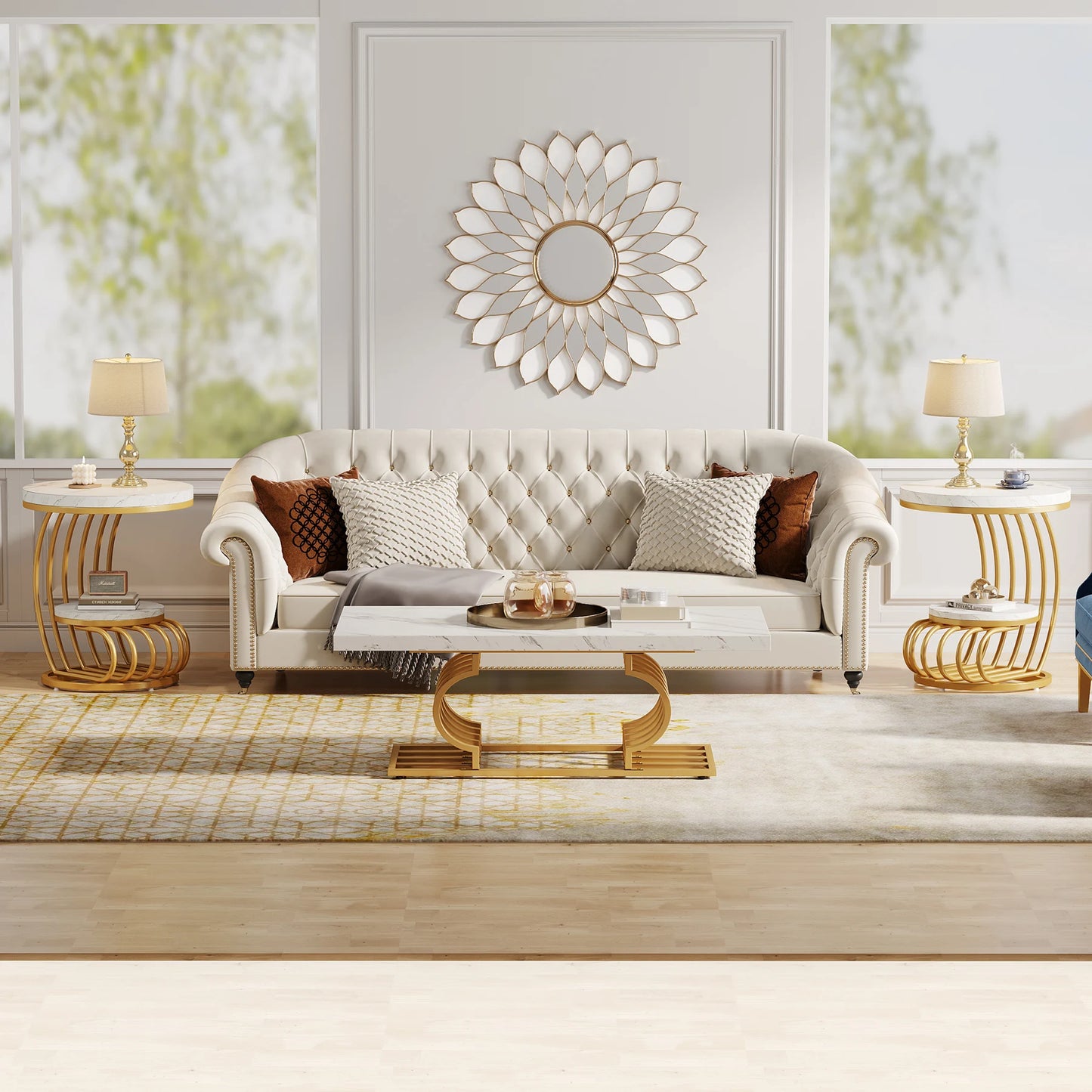 Tribesigns Round End Table 2 Tiers Faux Marble Storage