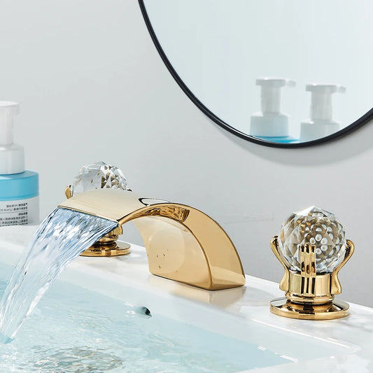 Quyanre LED Widespread Bathroom Faucet Waterfall Two Crystal Knobs