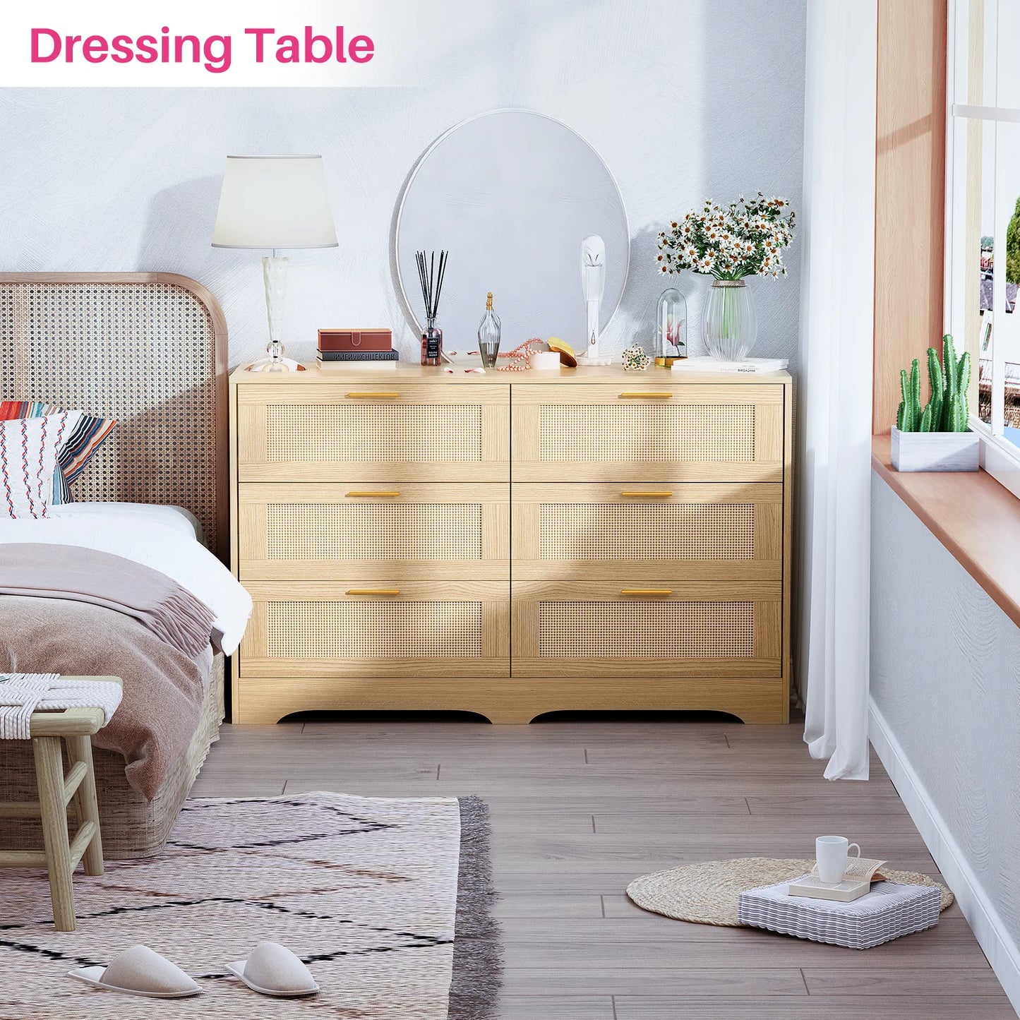 Redlife Rattan Dresser With 6 Drawers And Golden Handles