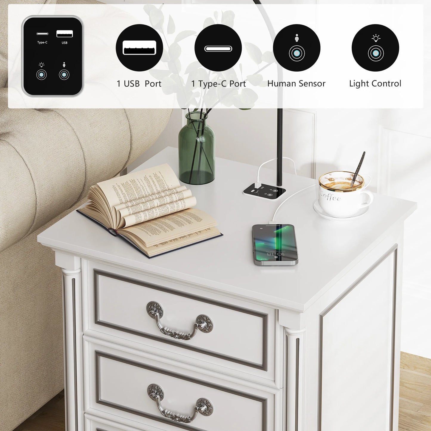 JDPAG Farmhouse Nightstand With Gun Drawer And 3 Drawers