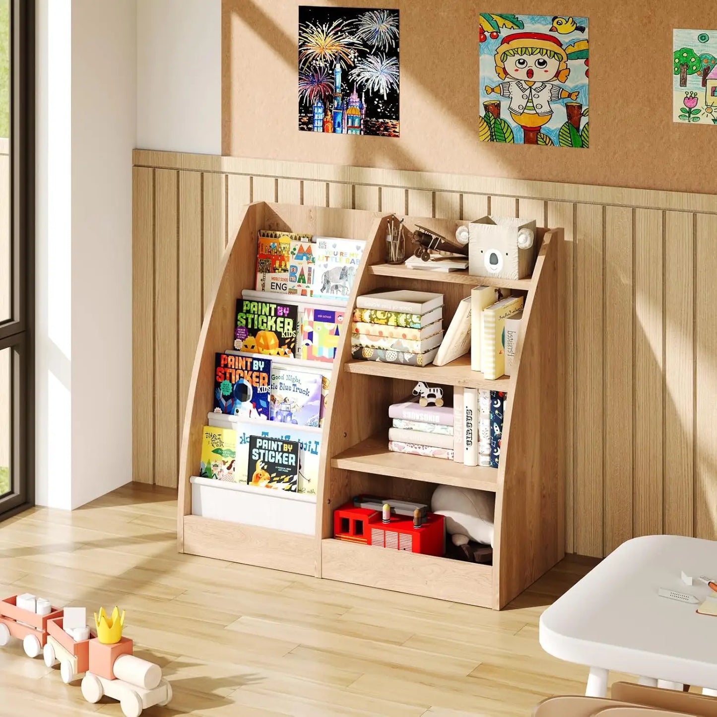 4-Tier Kids Bookcase With Sling Pockets For Nursery Storage